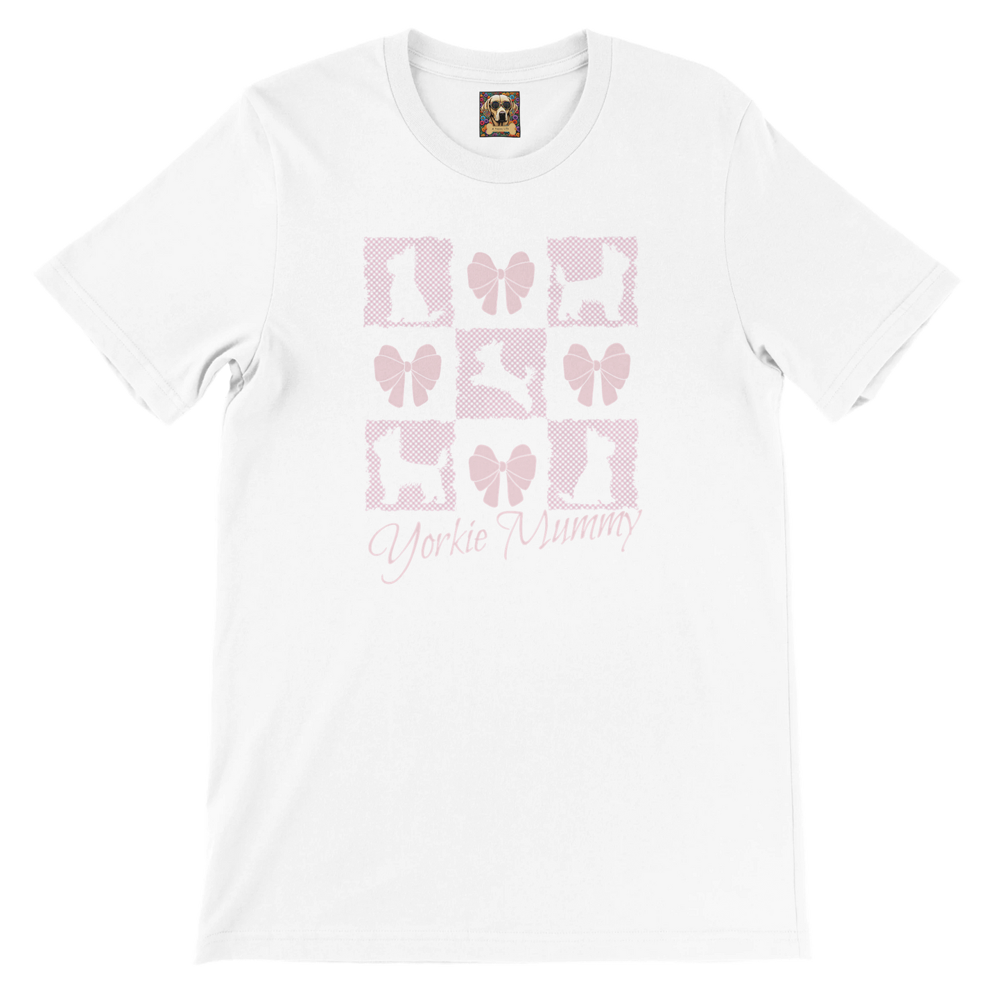 Personalized T-Shirt – Grand Millennial & Coquette Chic, Yorkie Silhouette & Pink Bow Collage white