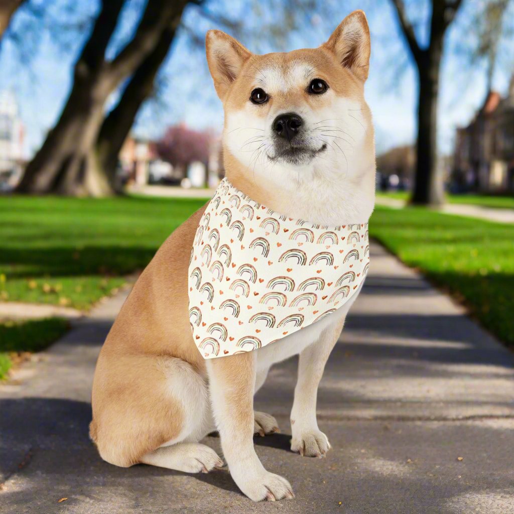 Pet Bandana Collar, Watercolor of Rainbows and Hearts, Cream Background L context