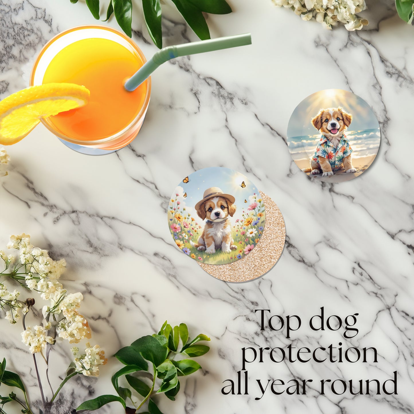 Two coasters with spring and summer scene dog illustrations on a marble surface with a orange juice and flowers.