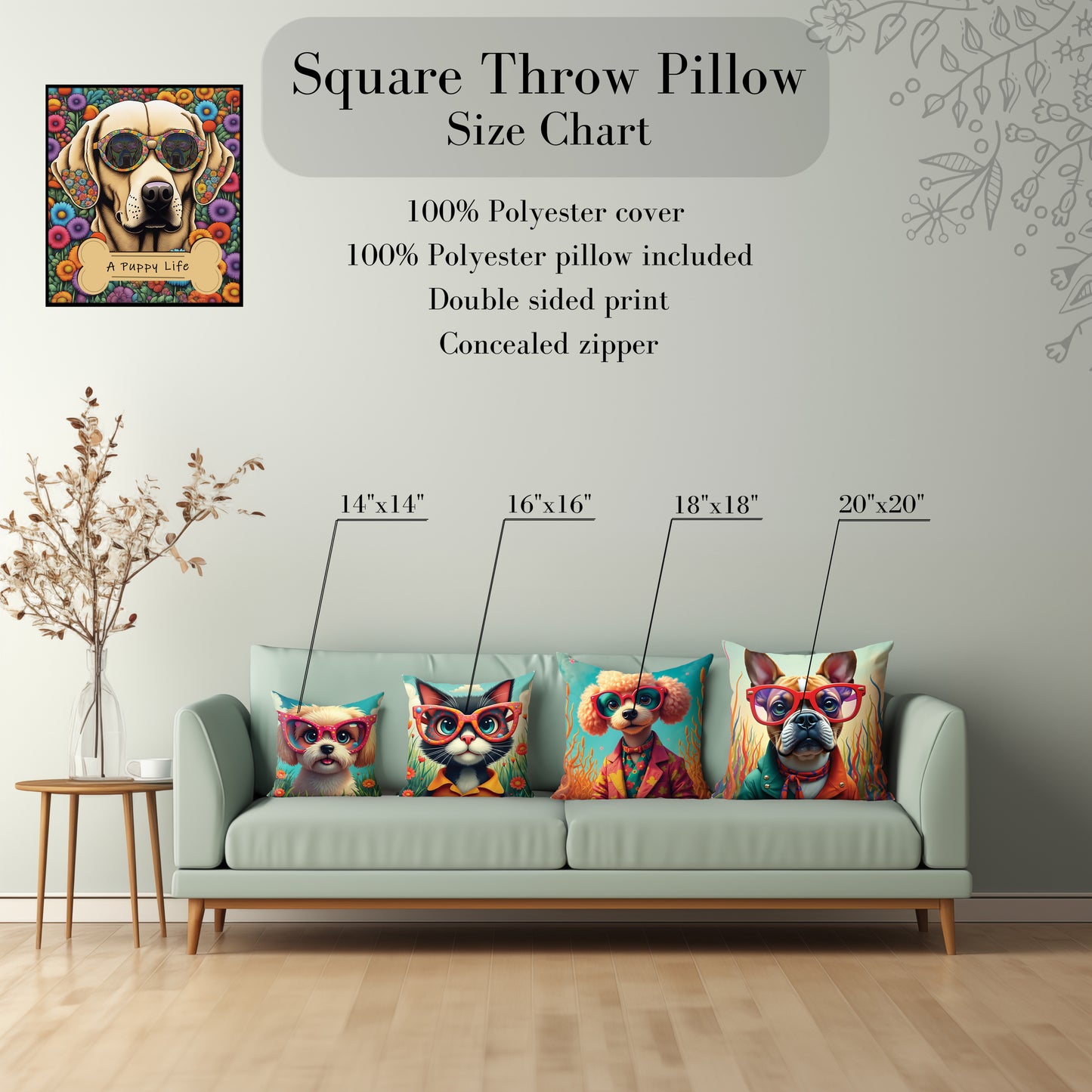 Square throw pillow size chart for I See You Pillows