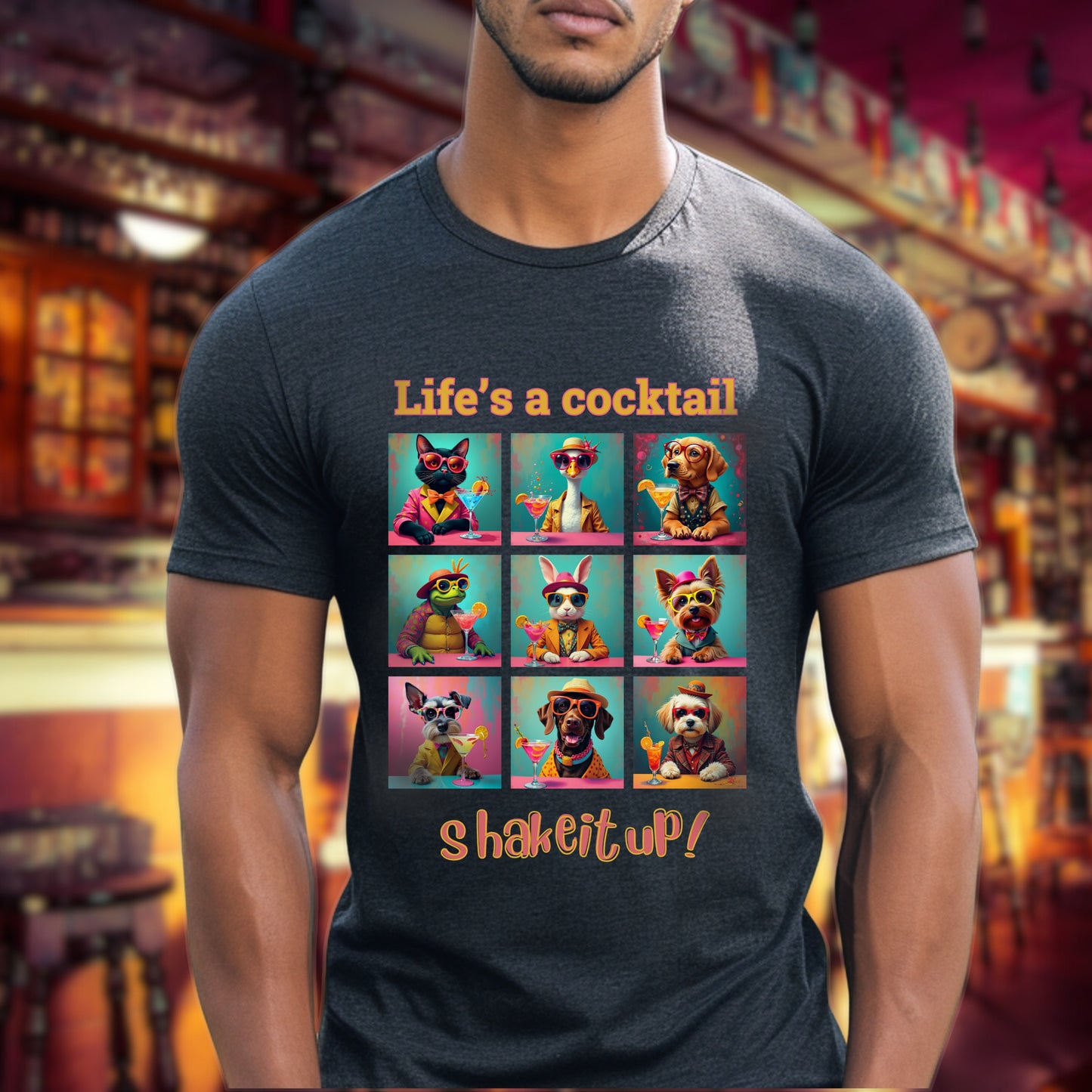Vibrant Animal Cocktail T-Shirt – Fun Tee Design for Night Out context Dark Heather Grey