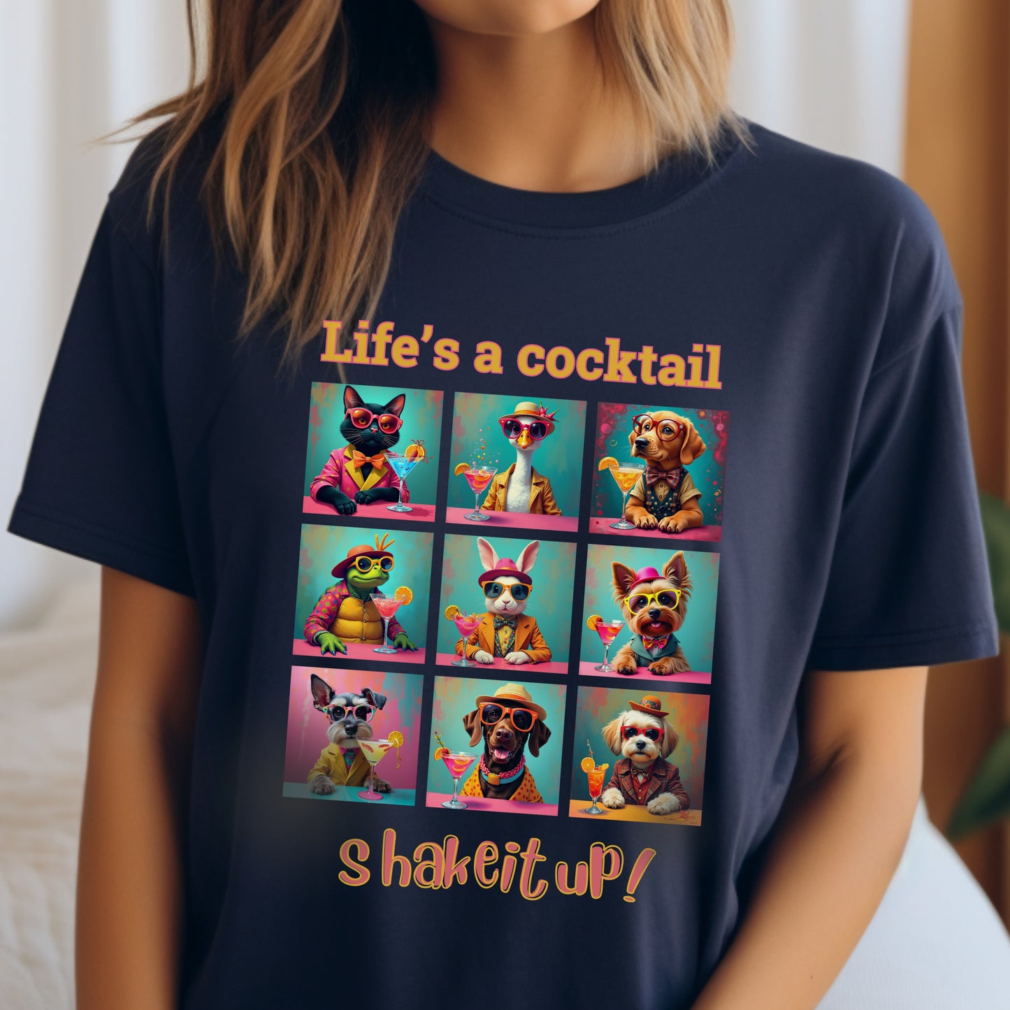 Vibrant Animal Cocktail T-Shirt – Fun Tee Design for Night Out context navy