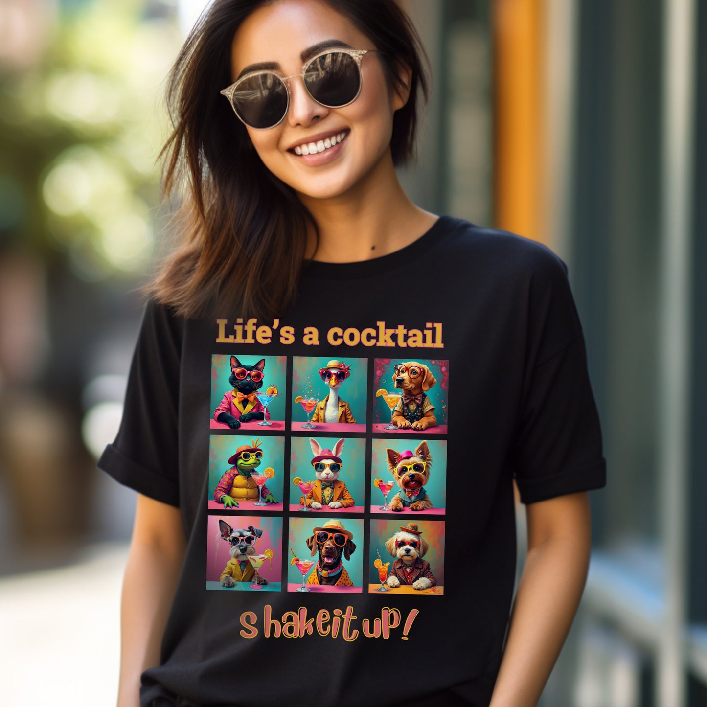 Vibrant Animal Cocktail T-Shirt – Fun Tee Design for Night Out context Black