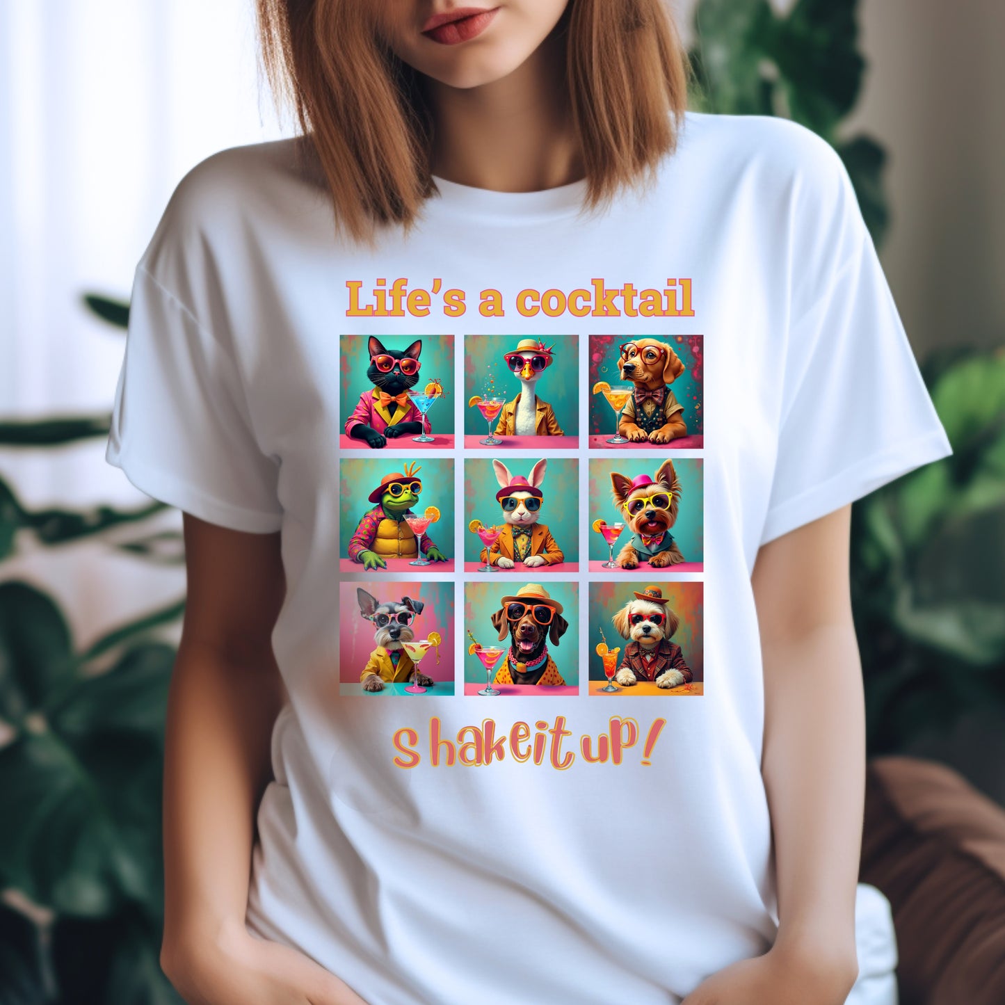 Vibrant Animal Cocktail T-Shirt – Fun Tee Design for Night Out context white