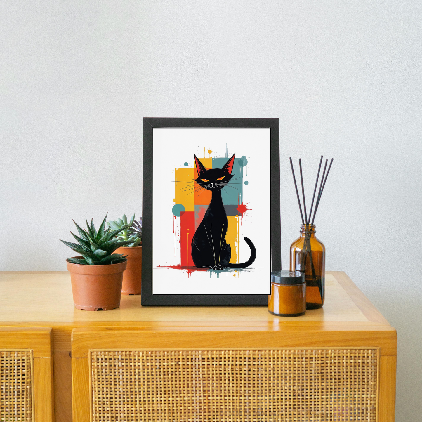 Vibrant Mid-Century Modern Cat Matte Vertical Poster - Statement Wall Decor context 8 X 10 inches