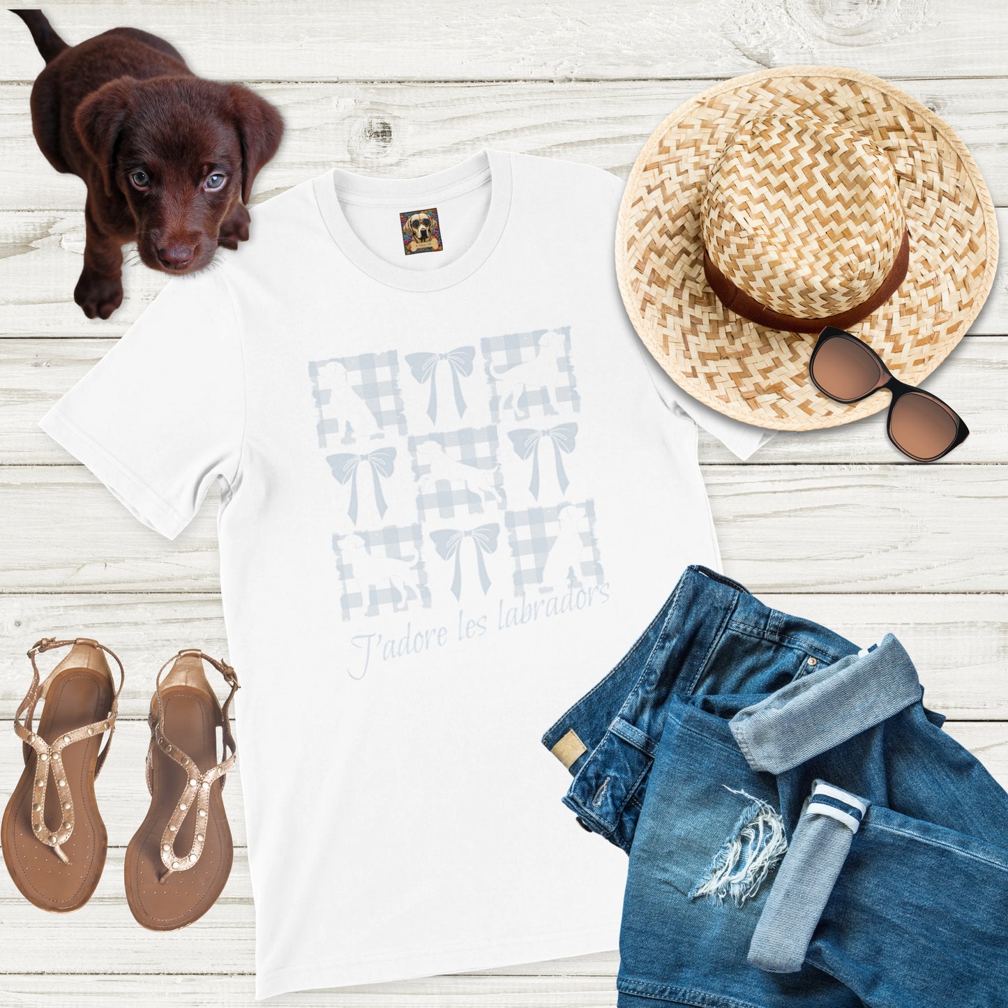 Vintage-Inspired Coquette Tee – Labradors, Bows & Powder Blue Gingham flat lay context white