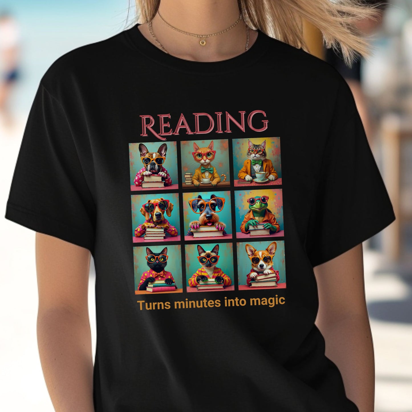 Whimsical Book Quote Reading Aesthetic Graphic T-Shirt – Vibrant Animal Design for Book Lovers context Black