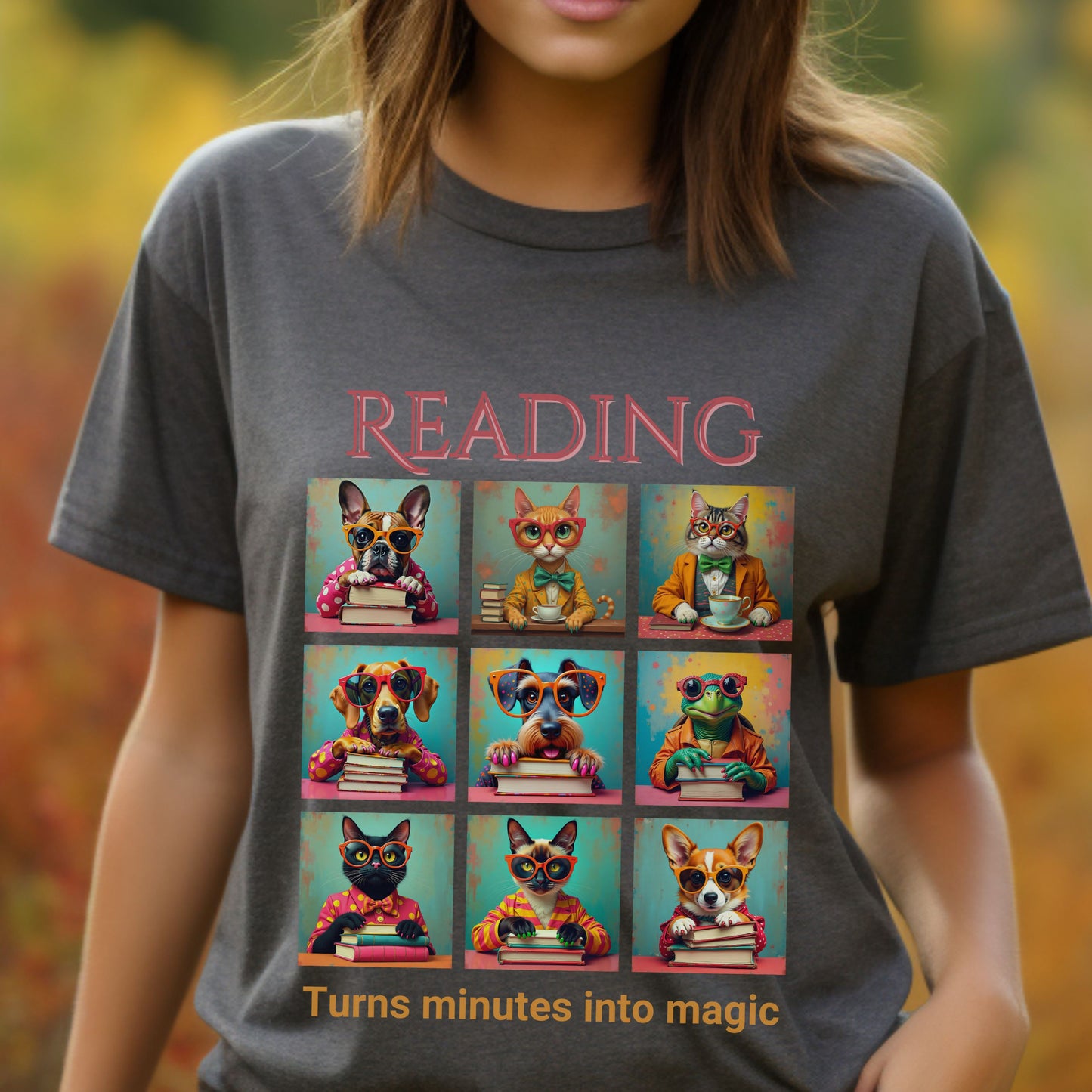 Whimsical Book Quote Reading Aesthetic Graphic T-Shirt – Vibrant Animal Design for Book Lovers context Dark Heather