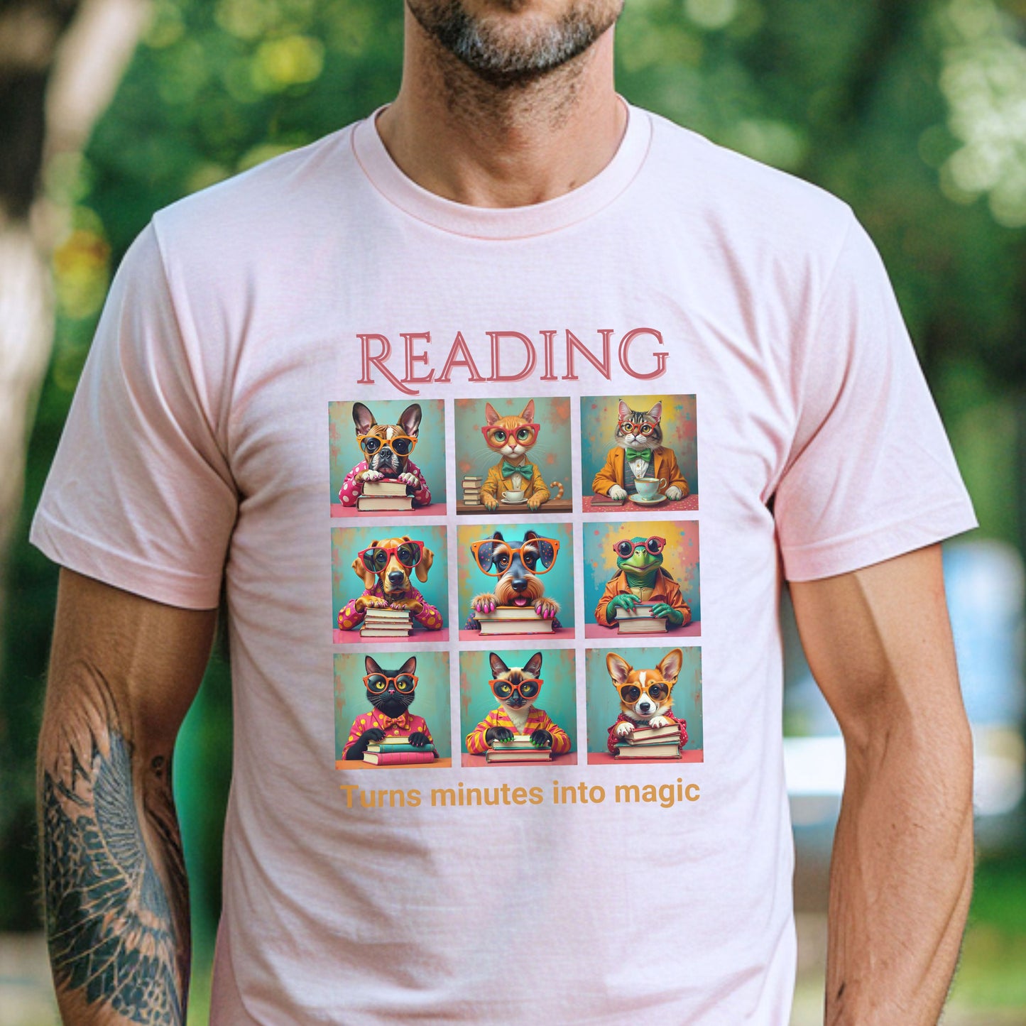 Whimsical Book Quote Reading Aesthetic Graphic T-Shirt – Vibrant Animal Design for Book Lovers context Light Pink