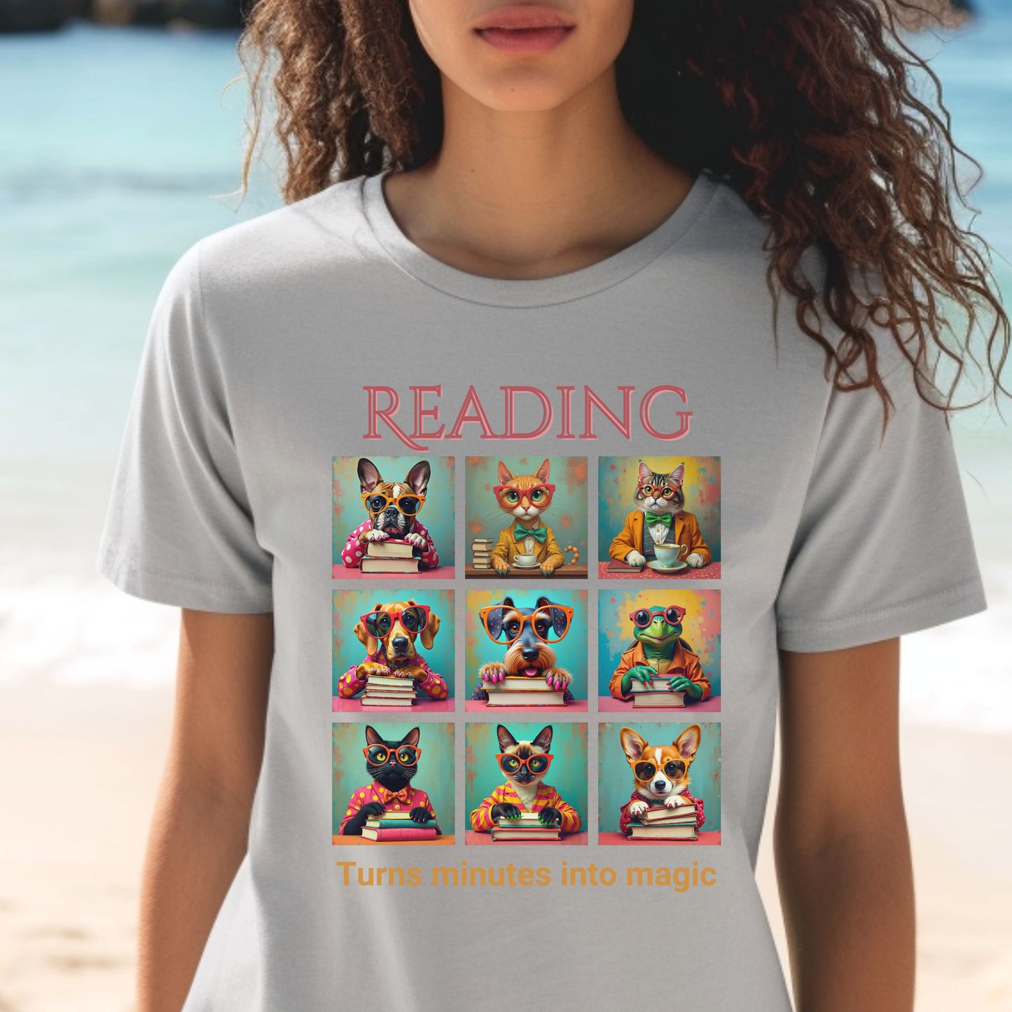 Whimsical Book Quote Reading Aesthetic Graphic T-Shirt – Vibrant Animal Design for Book Lovers context Ash Grey