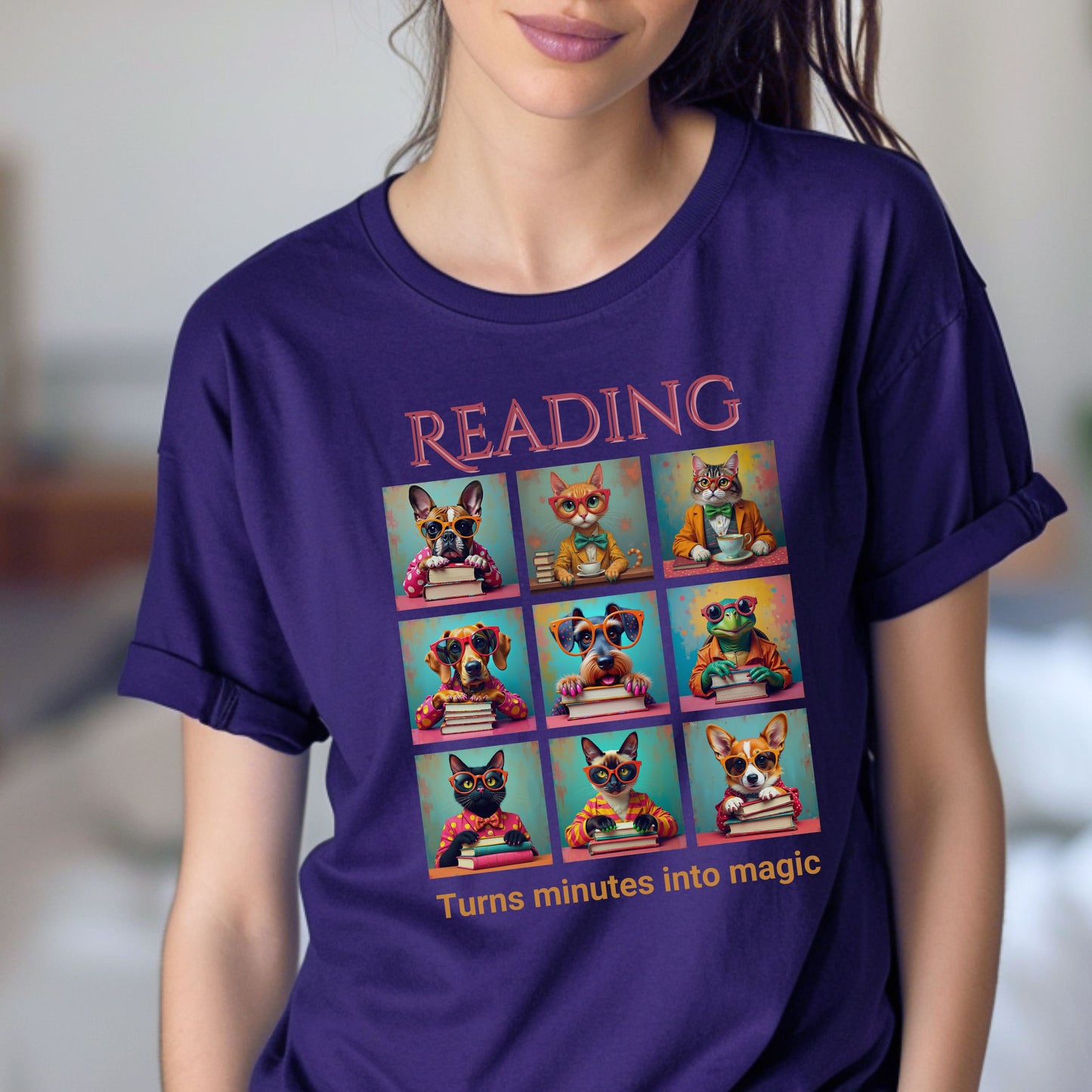 Whimsical Book Quote Reading Aesthetic Graphic T-Shirt – Vibrant Animal Design for Book Lovers context Team Purple