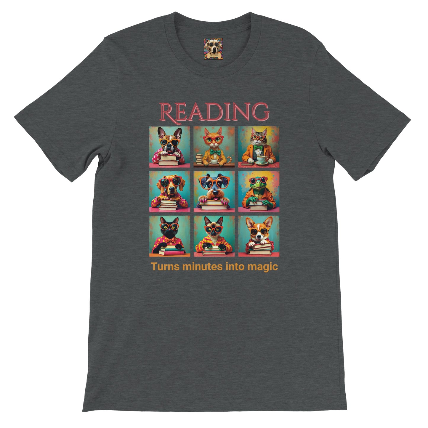 Whimsical Book Quote Reading Aesthetic Graphic T-Shirt – Vibrant Animal Design for Book Lovers Dark Heather