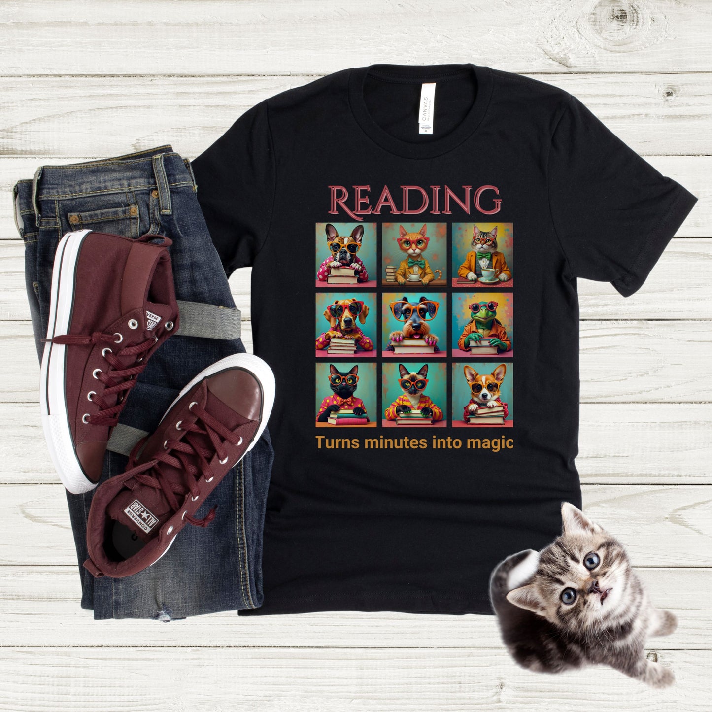 Whimsical Book Quote Reading Aesthetic Graphic T-Shirt – Vibrant Animal Design for Book Lovers outfit idea Black tee