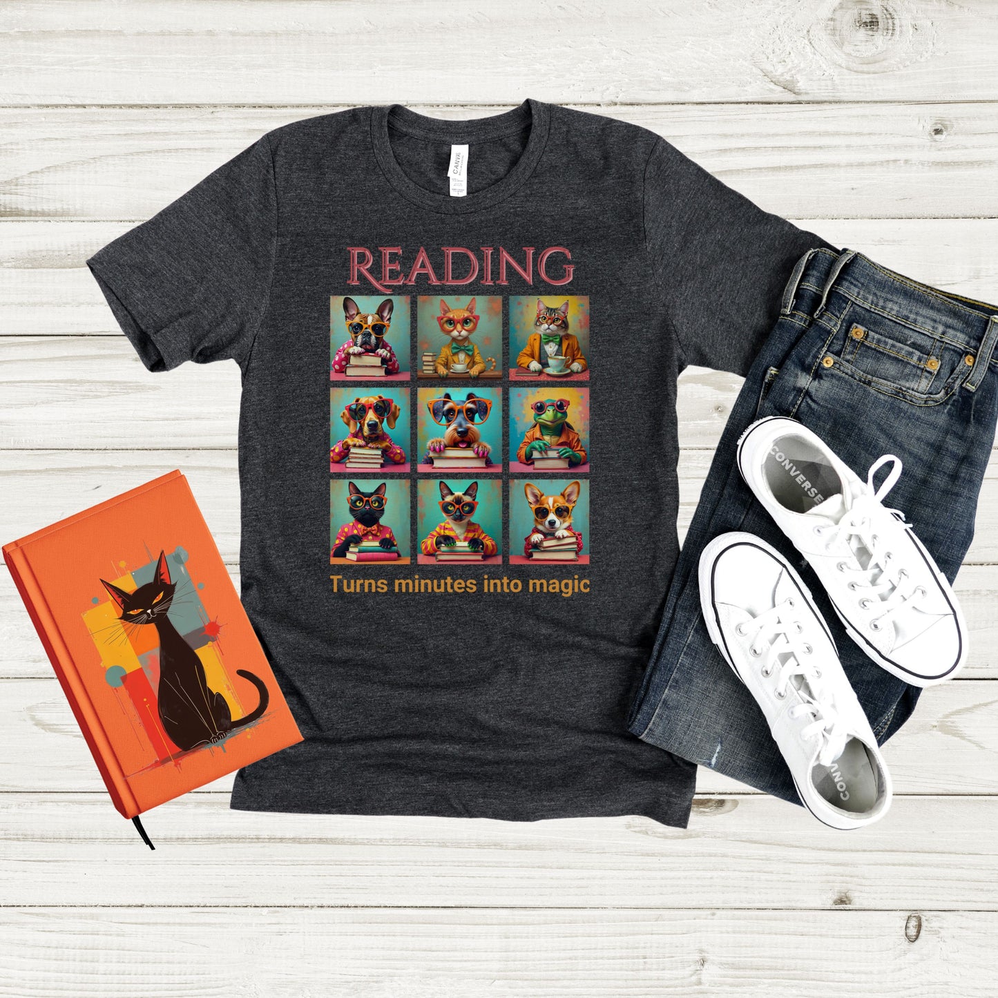 Whimsical Book Quote Reading Aesthetic Graphic T-Shirt – Vibrant Animal Design for Book Lovers outfit idea Dark Heather tee