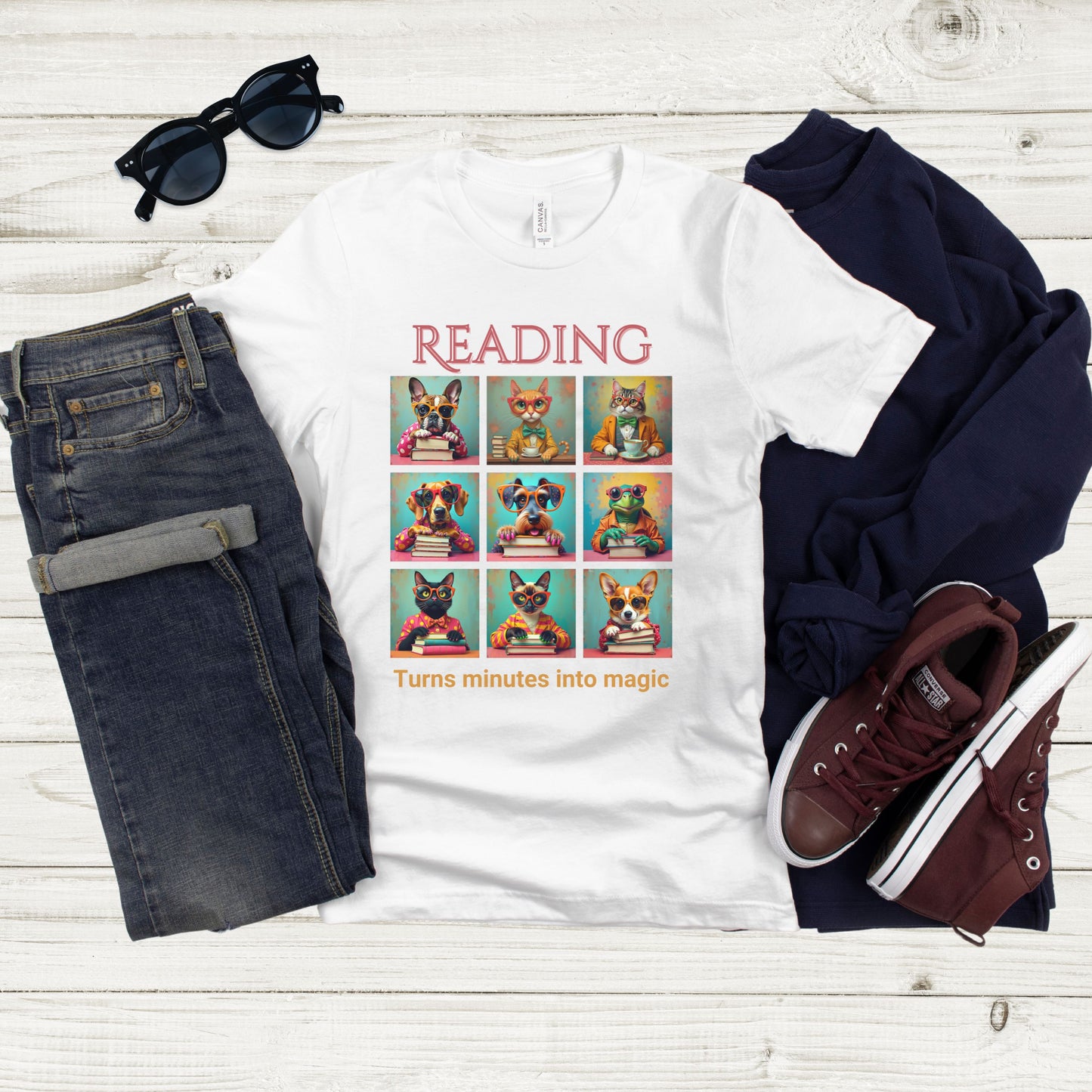 Whimsical Book Quote Reading Aesthetic Graphic T-Shirt – Vibrant Animal Design for Book Lovers outfit idea white tee