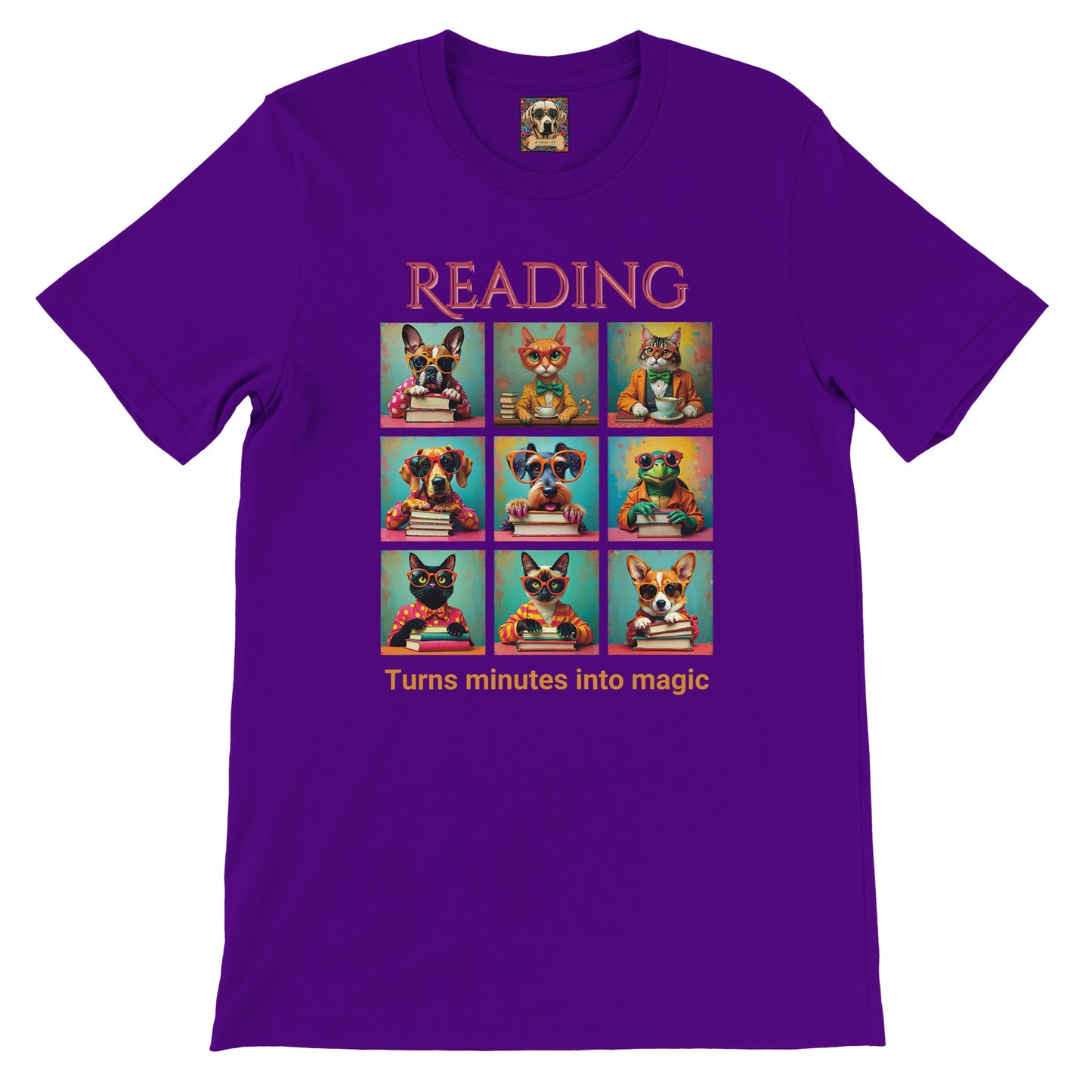 Whimsical Book Quote Reading Aesthetic Graphic T-Shirt – Vibrant Animal Design for Book Lovers Team Purple