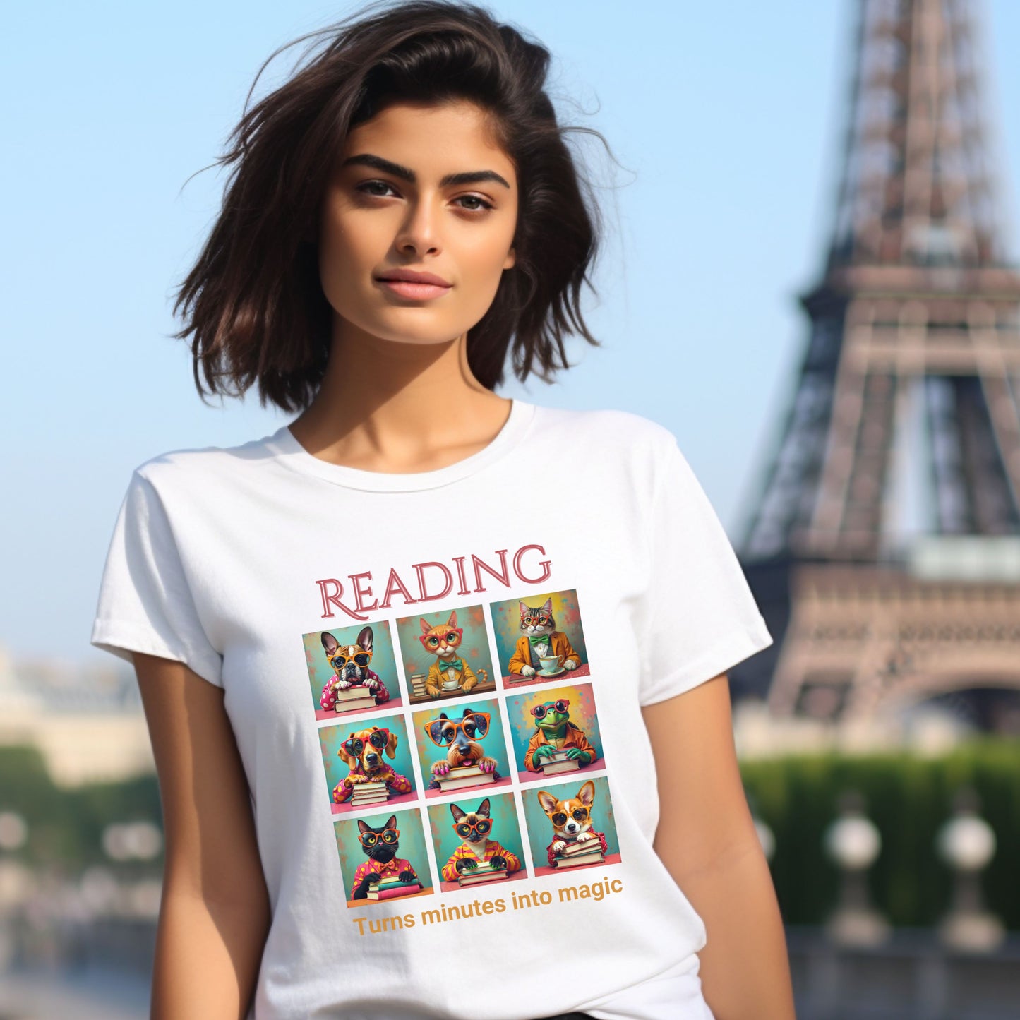 Whimsical Book Quote Reading Aesthetic Graphic T-Shirt – Vibrant Animal Design for Book Lovers context white