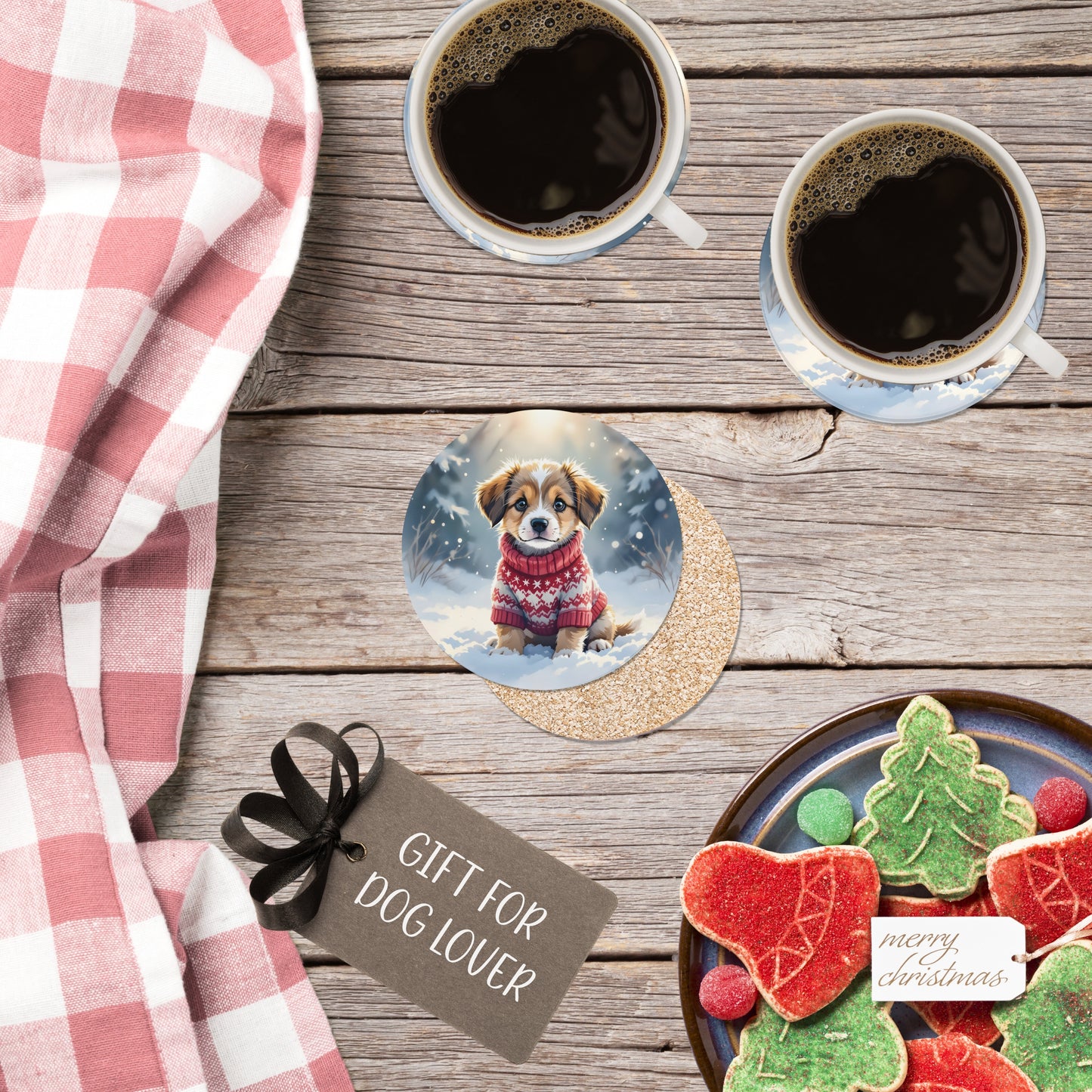 Two cups of coffee on a wooden table with a vintage dog in Christmas sweater coaster, cookies, and a gift tag.