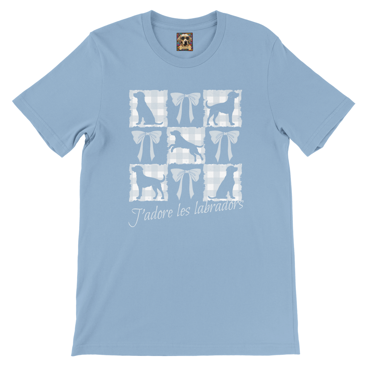 Vintage-Inspired Coquette Tee – Labradors, Bows & Powder Blue Gingham