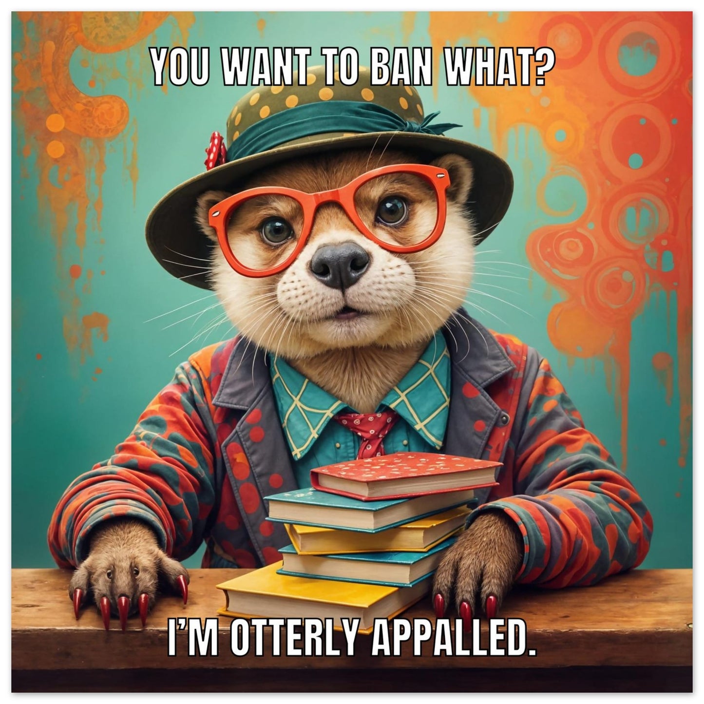Semi-gloss flatlay 35 cm square poster of an Otter character wearing glasses and a hat, surrounded by books with a colorful background.