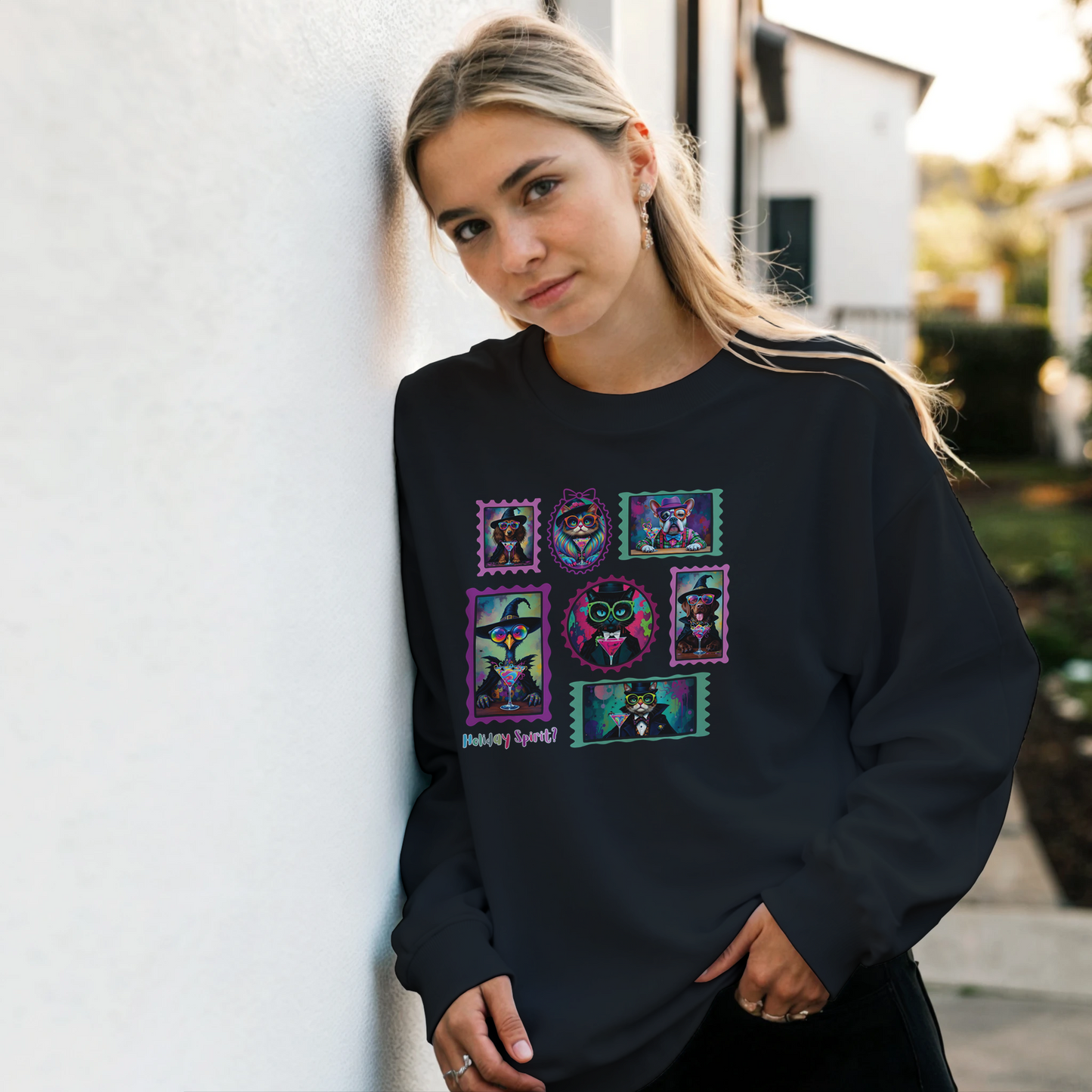 Woman wearing a black sweatshirt with Retro Halloween Pets as spooky characters Stamp collage design with outdoor setting.