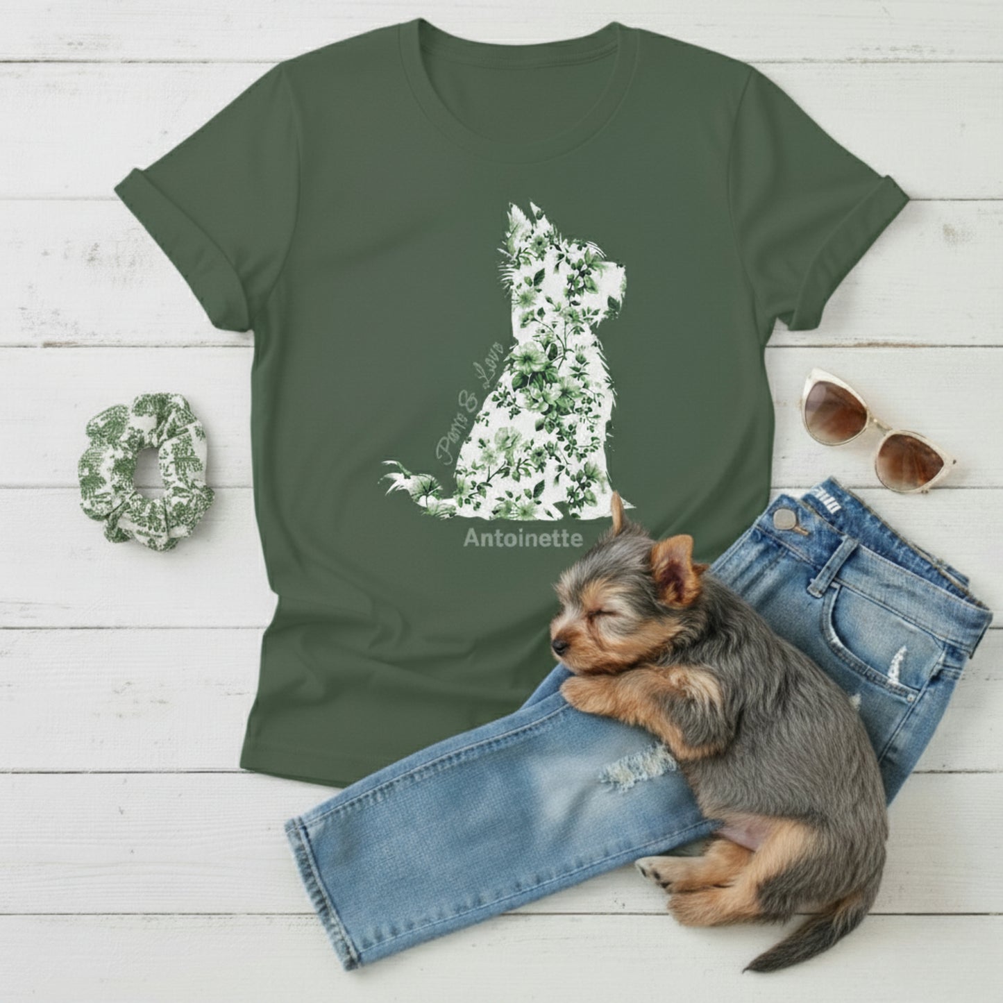 Flat lay of Military Green Gildan 5000 t-shirt featuring Green Toile de Jouy Yorkshire Terrier silhouette with “Paws & Love” text; personalised Yorkie lover gift for her.