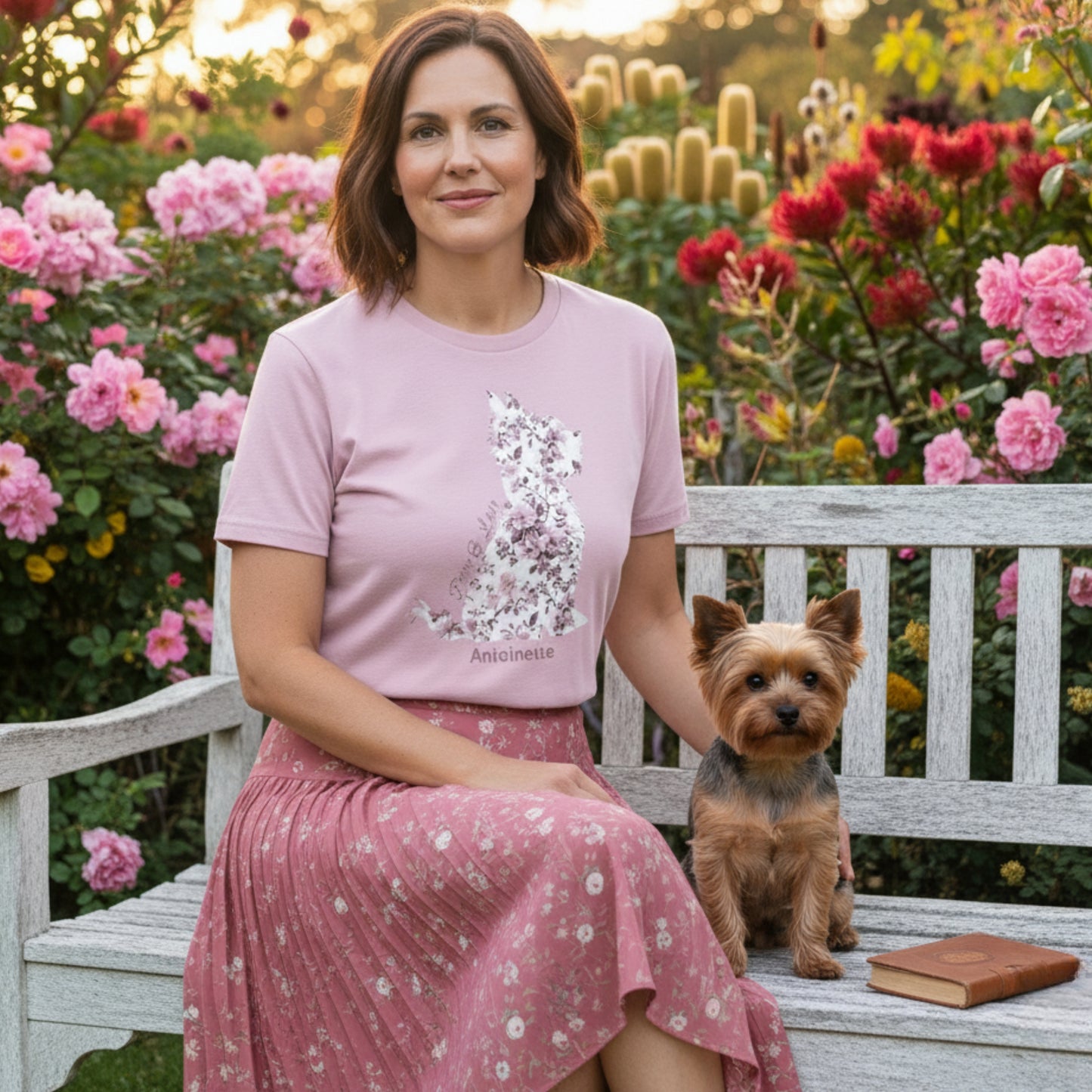 Woman seated on garden bench wearing a Gildan 5000 light pink Yorkie Lover Tee with pink Toile de Jouy Yorkshire Terrier print; paired with floral knife pleat skirt, reading beside her Yorkie.