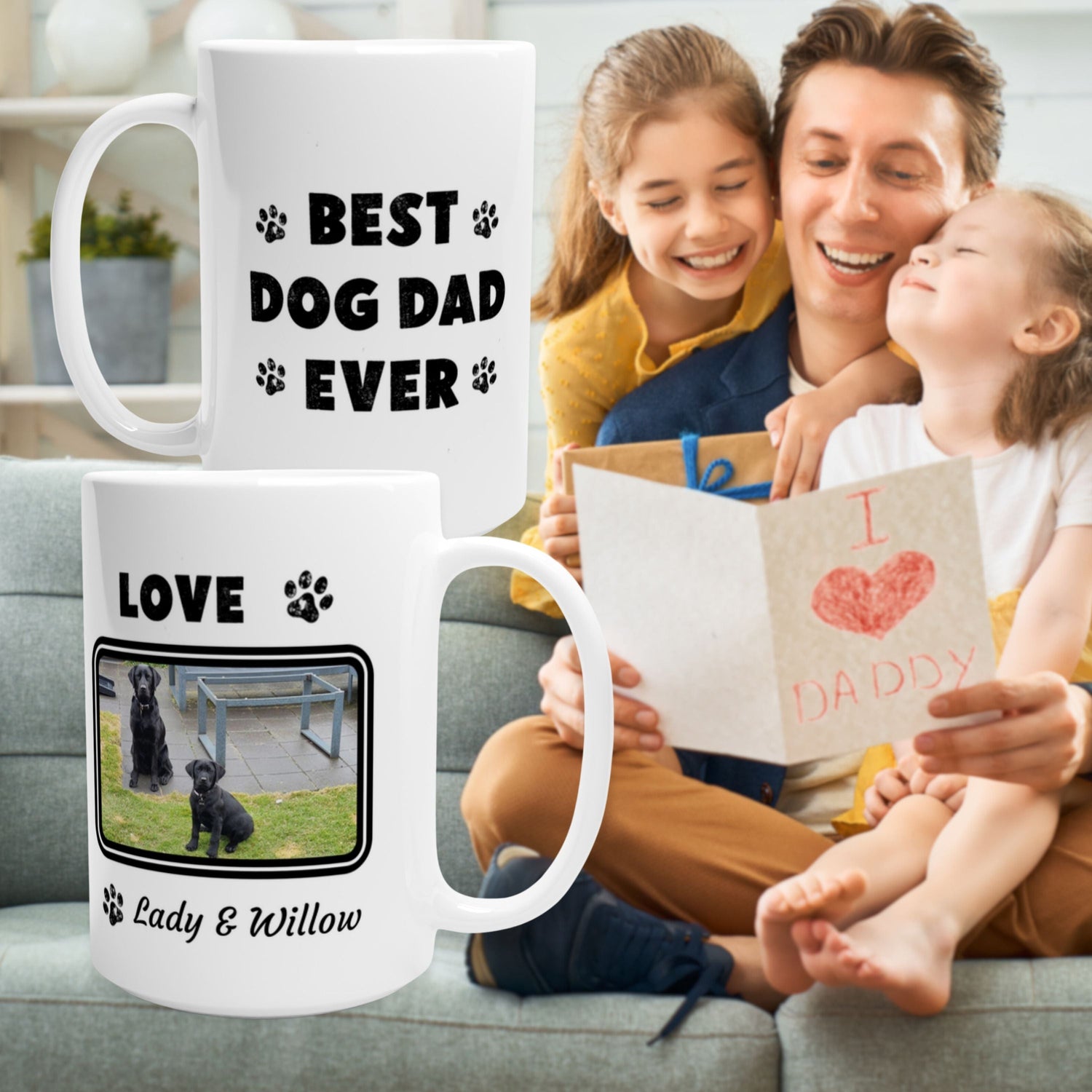 A funny coffee mug with animal paws and black lettering