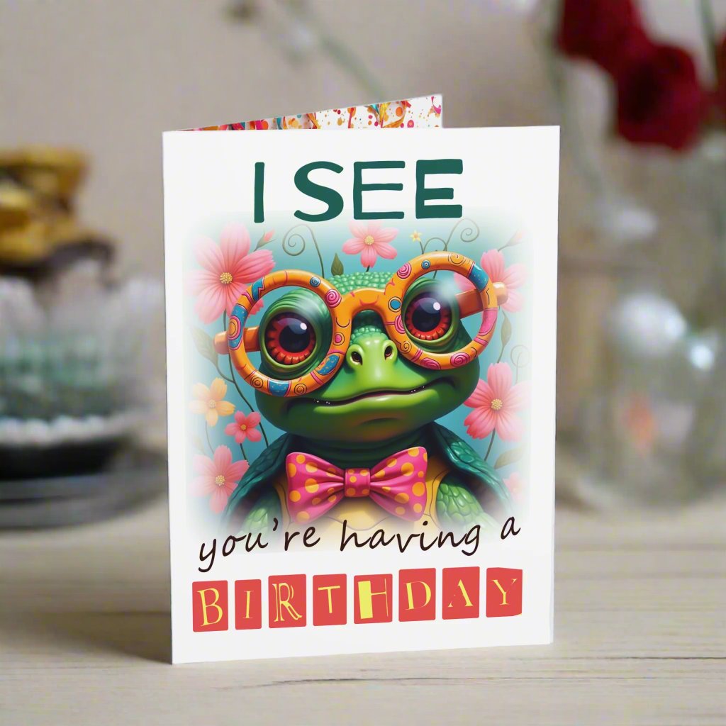 A funny birthday card for turtle lovers, A turtle wearing glasses and a bow tie