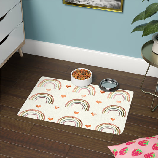 Joyful Rainbows and Hearts Illustration, Pet Food Mat (12x18)