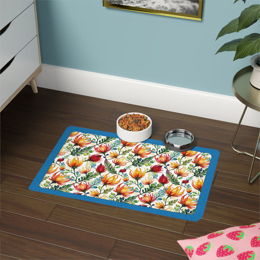 Teal Border, Bright Aussie Floral Pet Food Mat (12x18)