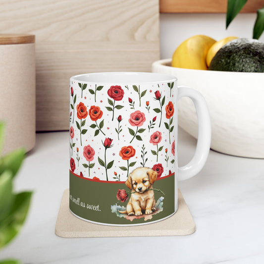 11oz Ceramic Mug, Vintage Roses and a Sweet Cute Puppy on Dishwasher-safe Cup context
