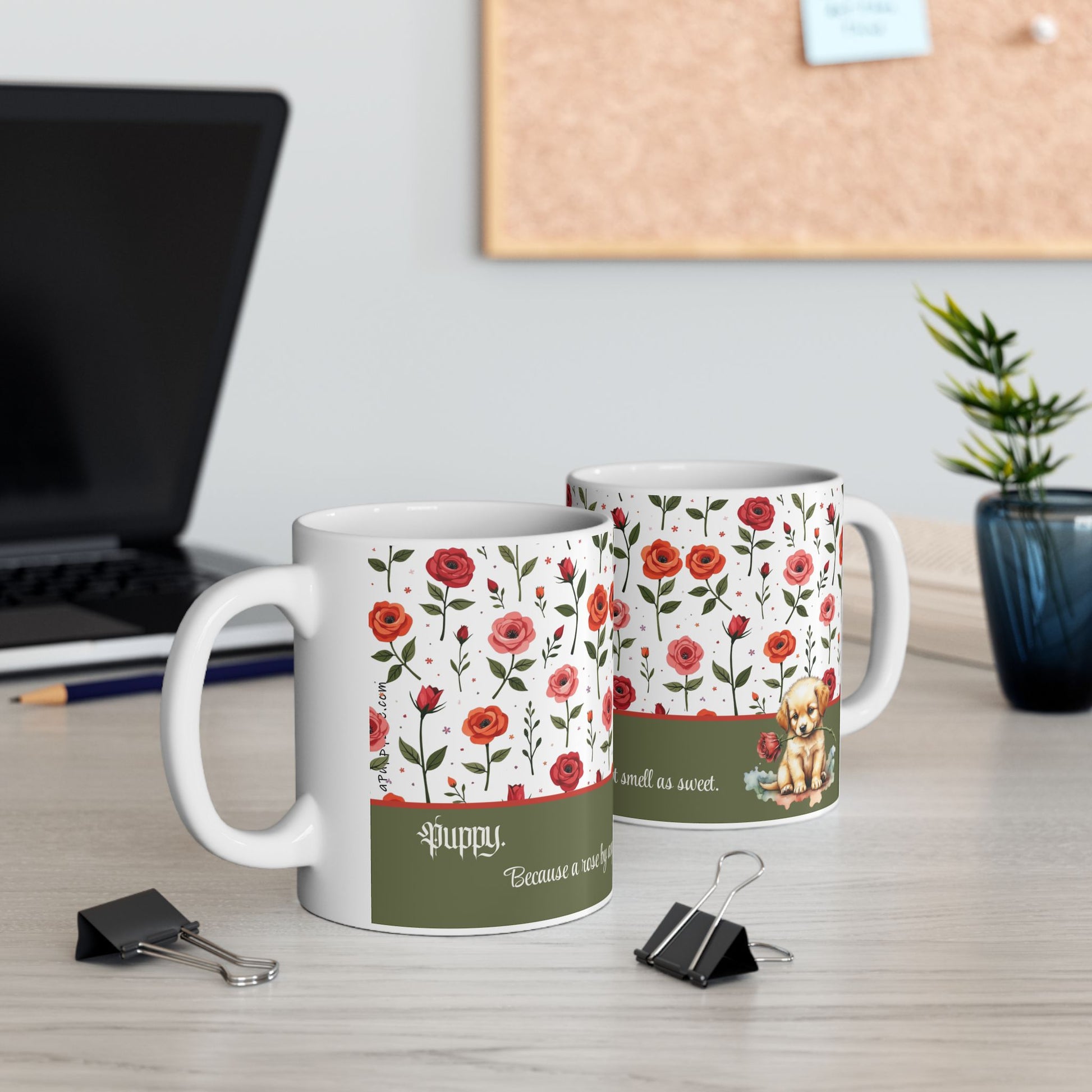 11oz Ceramic Mug, Vintage Roses and a Sweet Cute Puppy on Dishwasher-safe Cup context 2 mugs