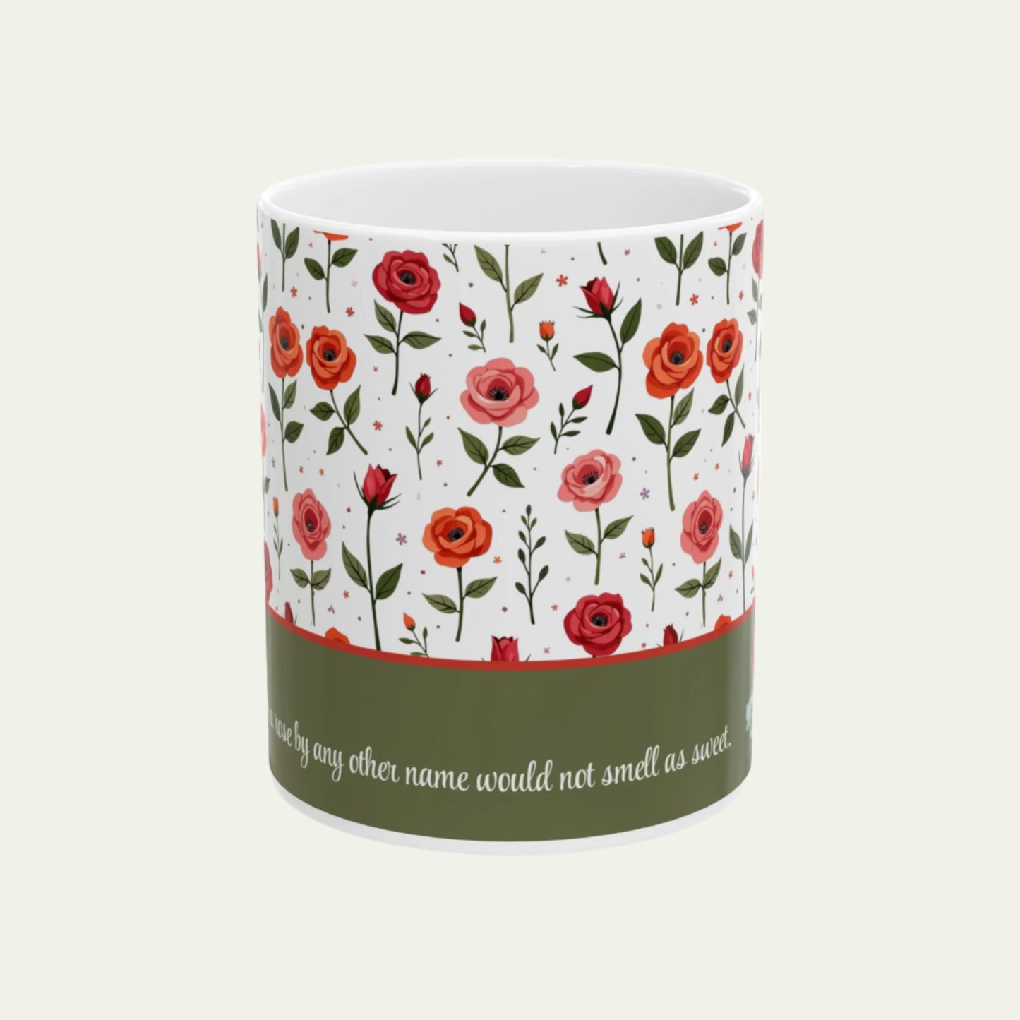 11oz or 15oz Ceramic Mug, Vintage Roses and a Sweet Cute Puppy on Dishwasher-safe Cup front view away from handle