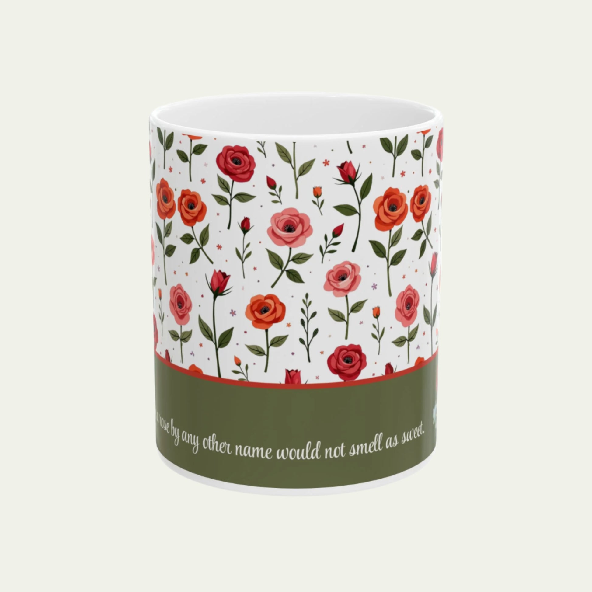 11oz or 15oz Ceramic Mug, Vintage Roses and a Sweet Cute Puppy on Dishwasher-safe Cup front view away from handle
