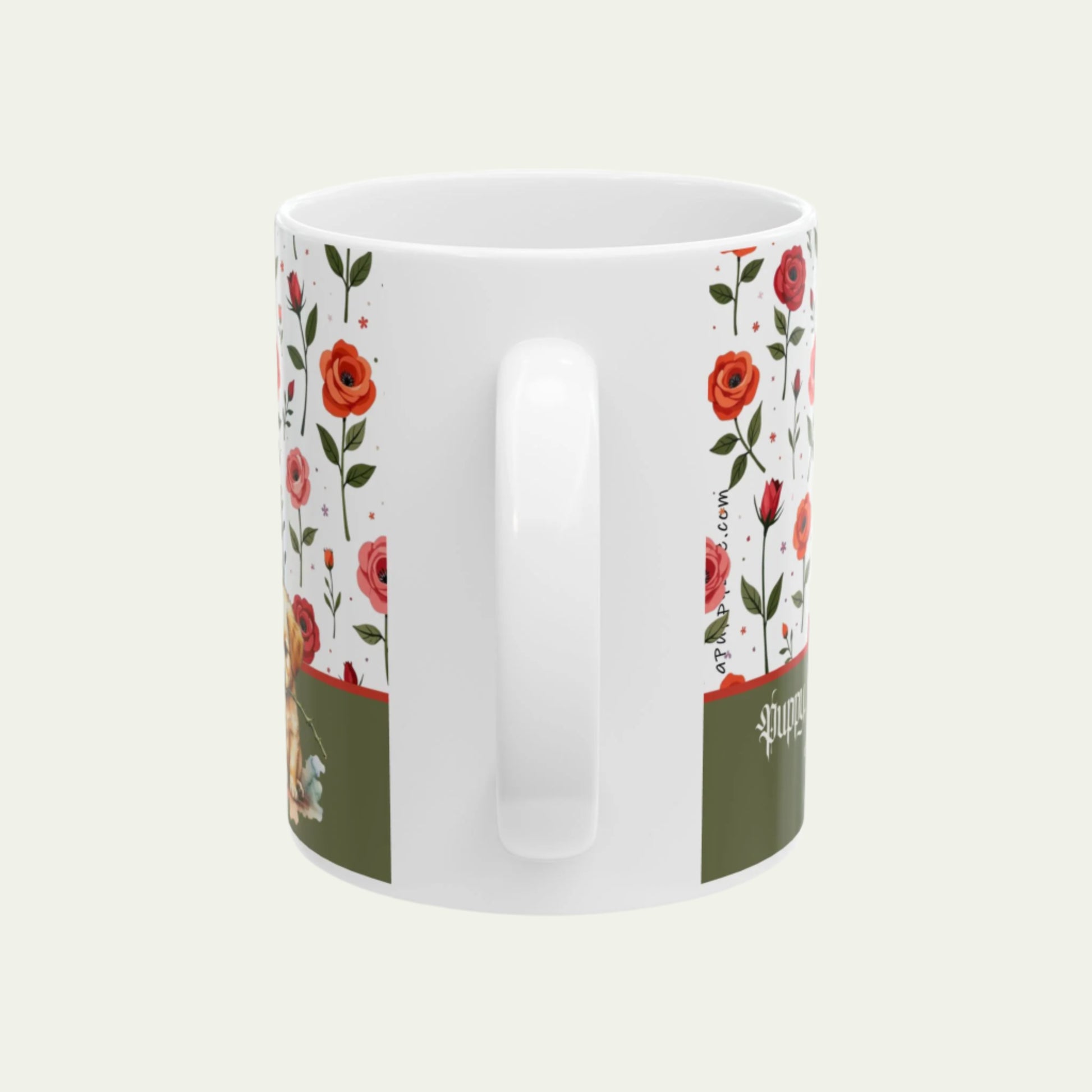 11oz Ceramic Mug, Vintage Roses and a Sweet Cute Puppy on Dishwasher-safe Cup handle facing viewer
