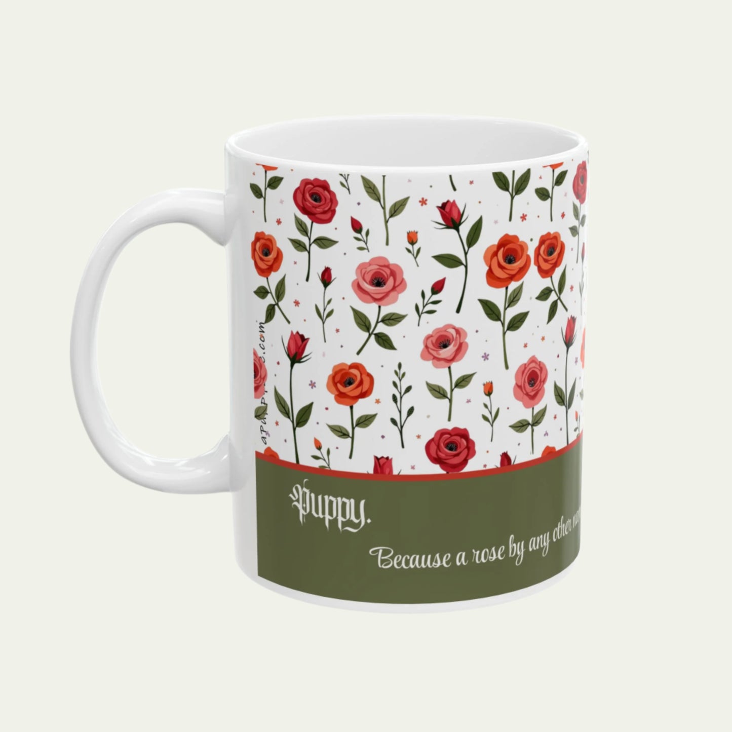 11oz Ceramic Mug, Vintage Roses and a Sweet Cute Puppy on Dishwasher-safe Cup handle to left of viewer