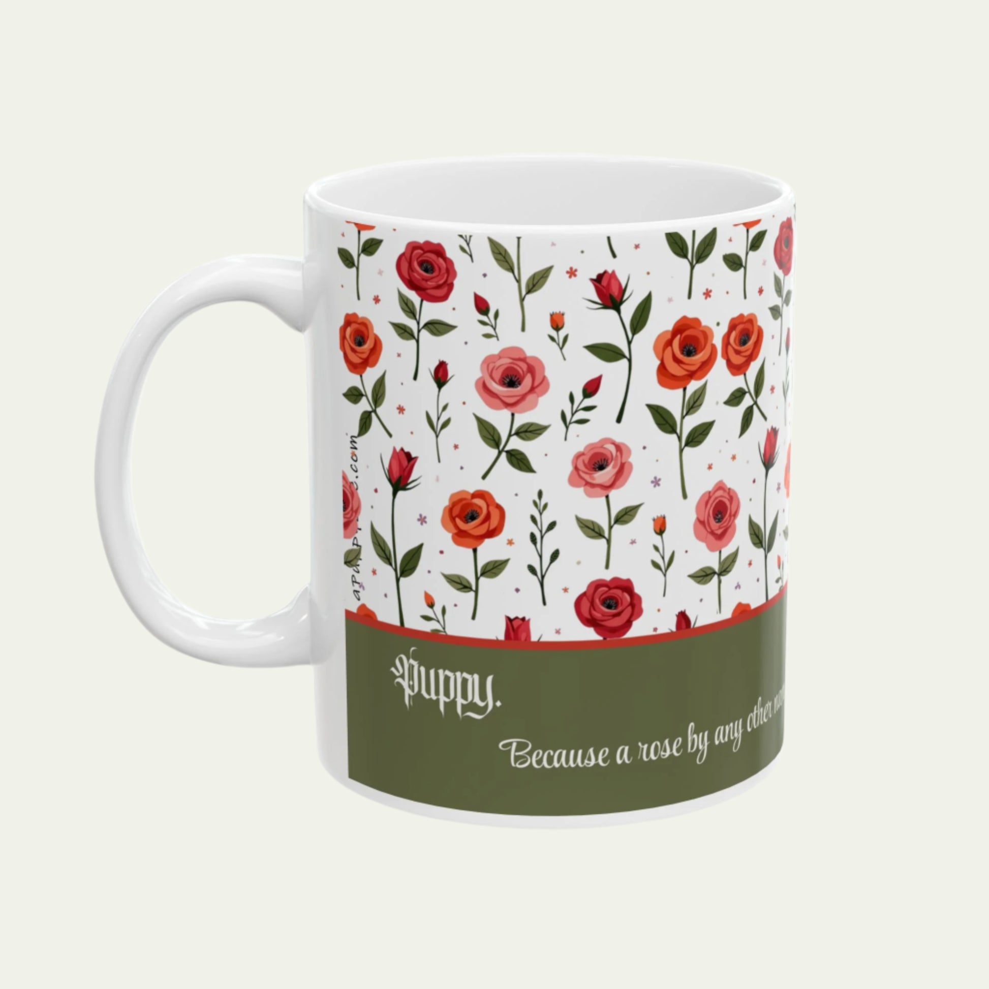 11oz Ceramic Mug, Vintage Roses and a Sweet Cute Puppy on Dishwasher-safe Cup handle to left of viewer