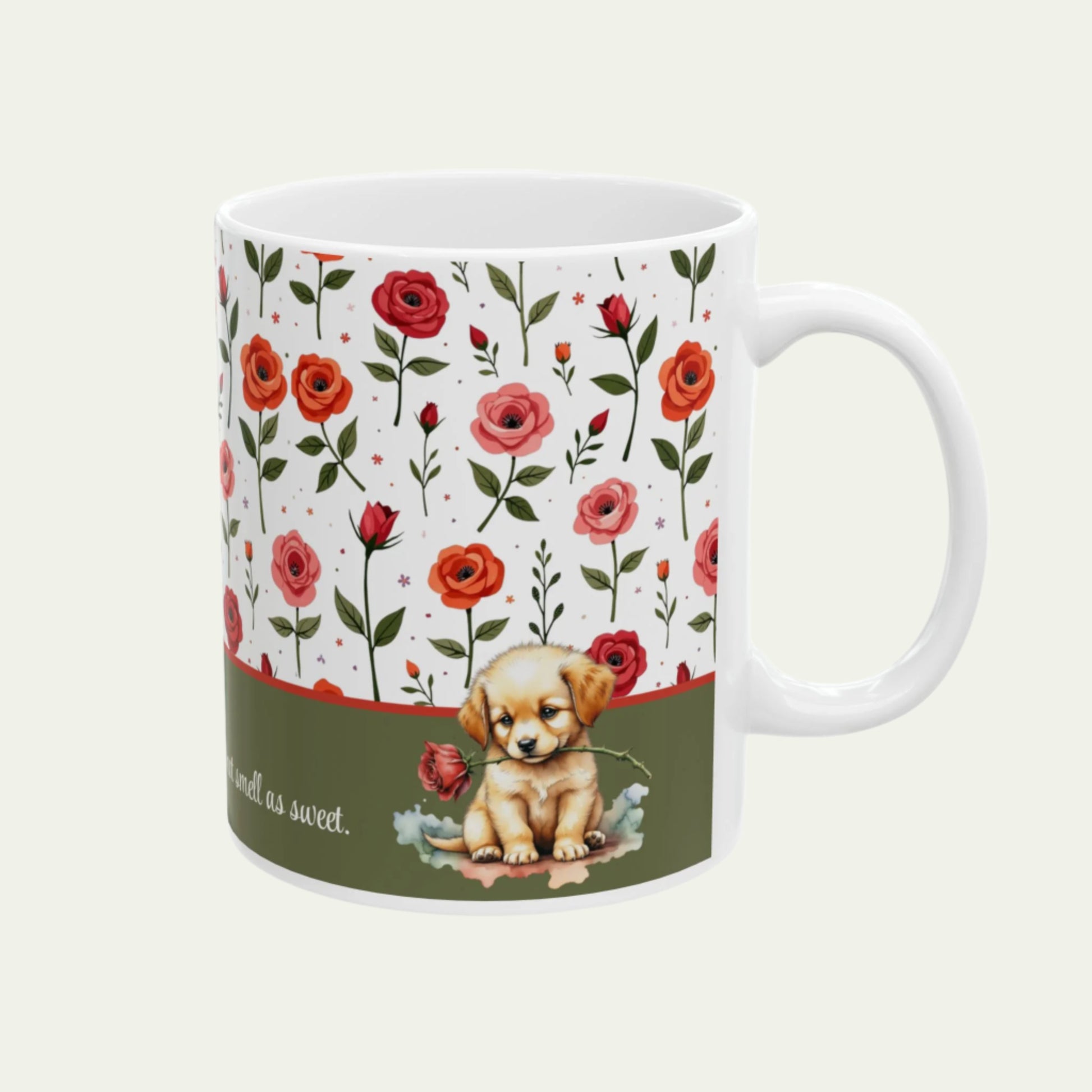11oz Ceramic Mug, Vintage Roses and a Sweet Cute Puppy on Dishwasher-safe Cup handle to right of viewer