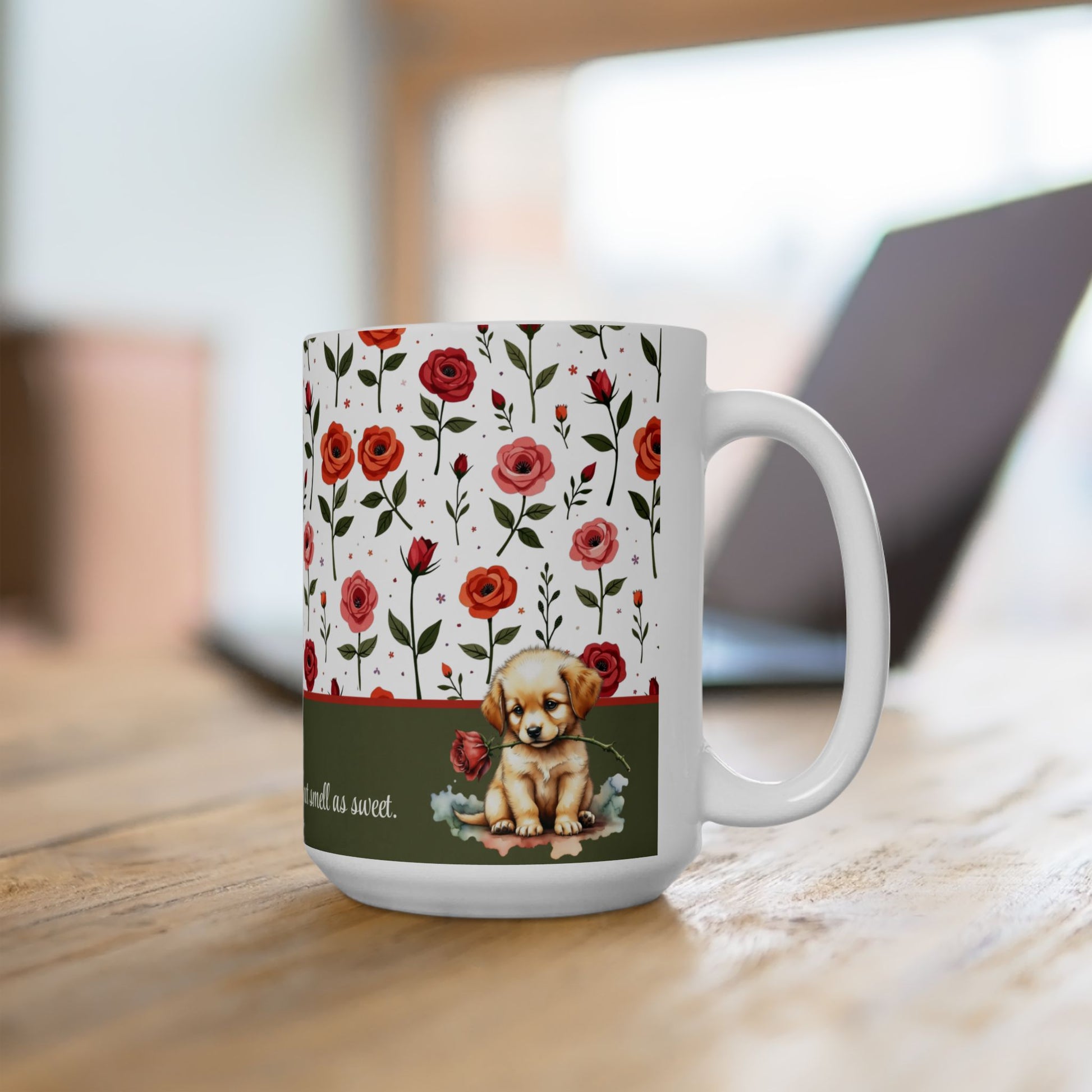 15oz Ceramic Mug, Vintage Roses and a Sweet Cute Puppy on Dishwasher-safe Cup context