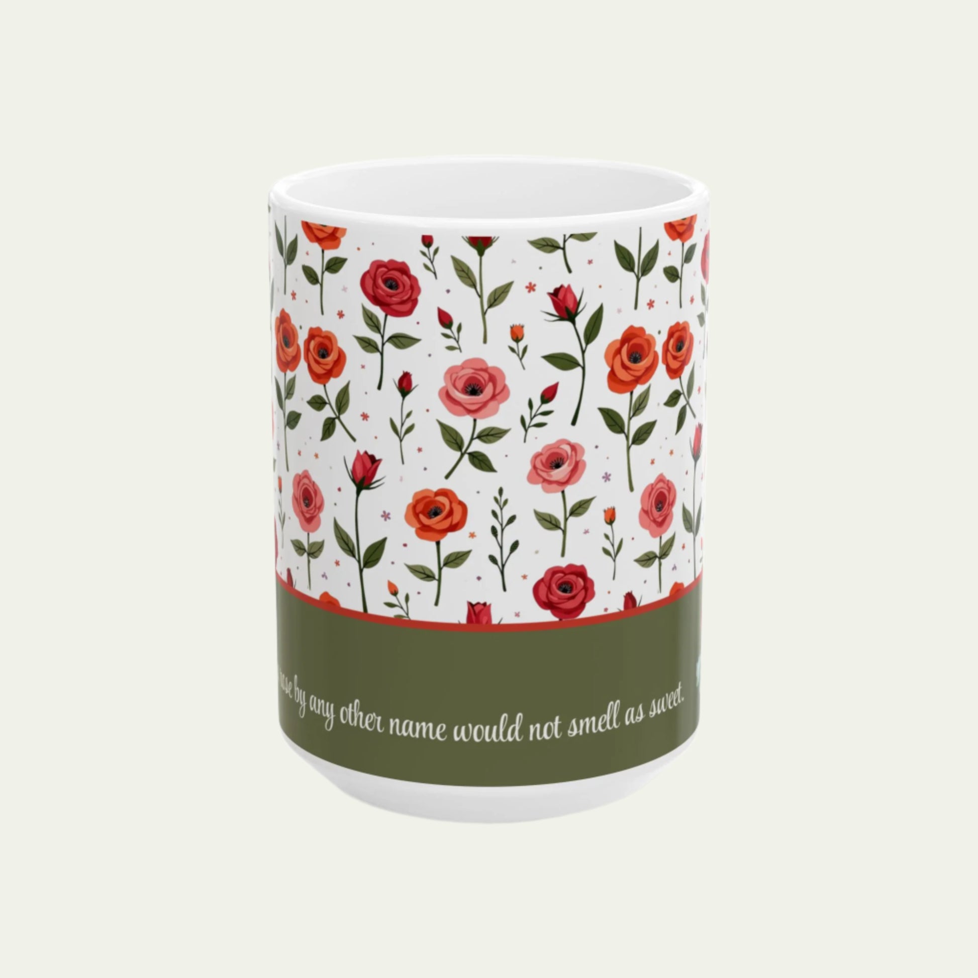 15oz Ceramic Mug, Vintage Roses and a Sweet Cute Puppy on Dishwasher-safe Cup front view away from handle