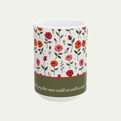 15oz Ceramic Mug, Vintage Roses and a Sweet Cute Puppy on Dishwasher-safe Cup front view away from handle