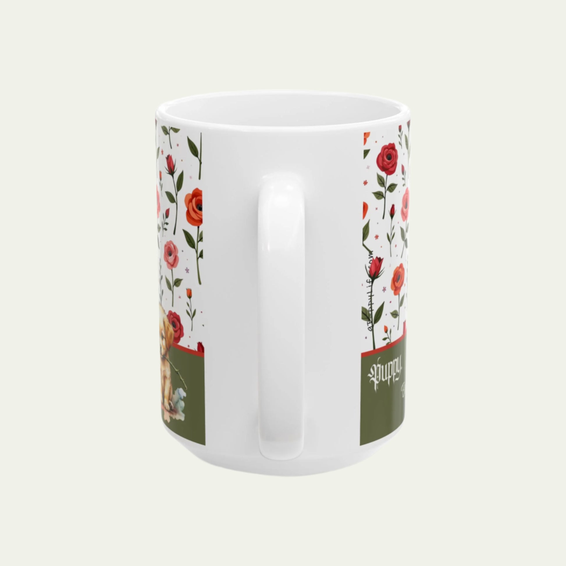 15oz Ceramic Mug, Vintage Roses and a Sweet Cute Puppy on Dishwasher-safe Cup handle facing viewer
