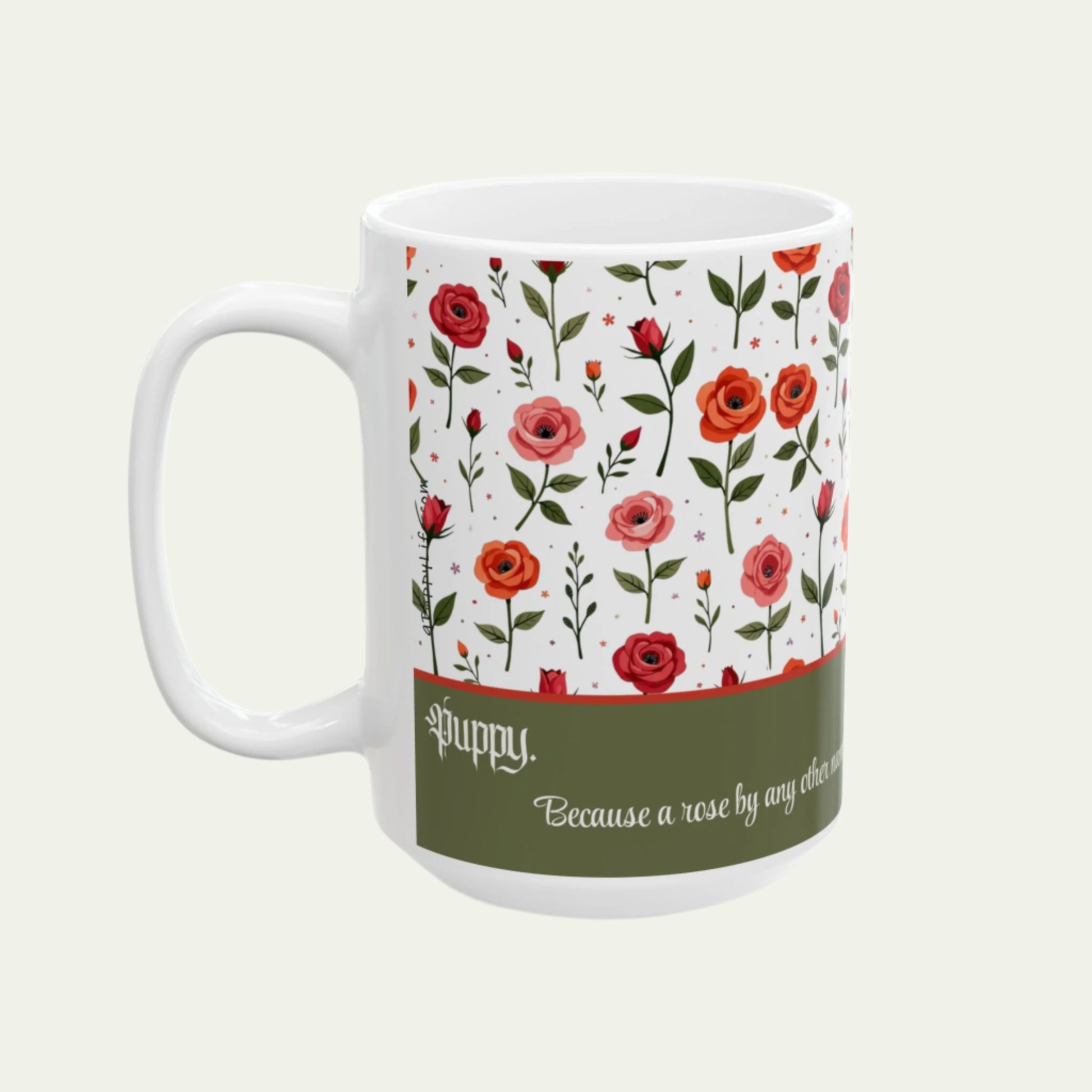 15oz Ceramic Mug, Vintage Roses and a Sweet Cute Puppy on Dishwasher-safe Cup handle to left of viewer