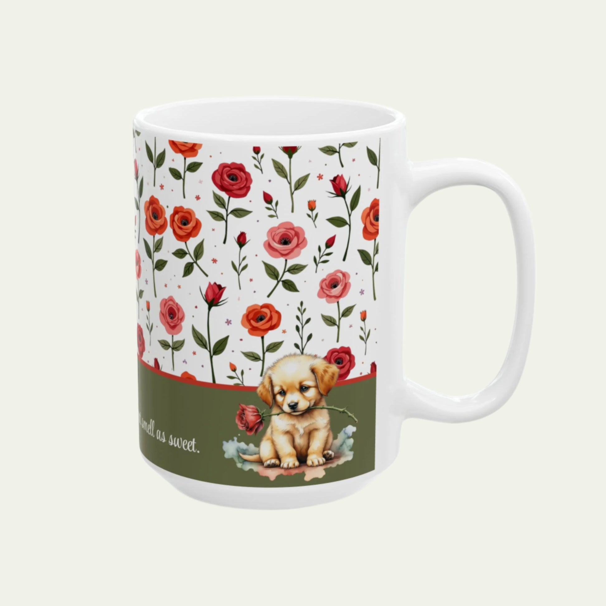 15oz Ceramic Mug, Vintage Roses and a Sweet Cute Puppy on Dishwasher-safe Cup handle to right of viewer