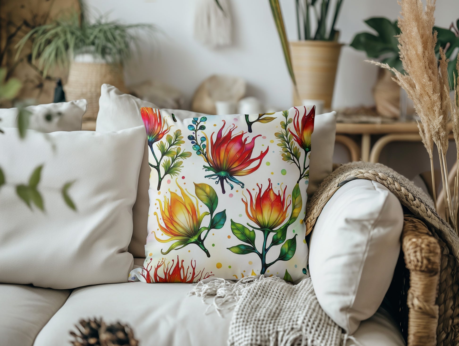 Vibrant Australian Protea Floral Design Throw Pillow 14 or 16-inch context