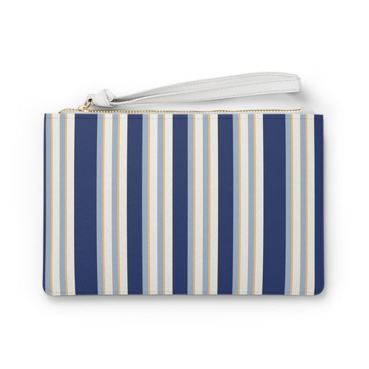 Smart Blue and White Striped Clutch Bag with Two Pockets and Wrist Strap