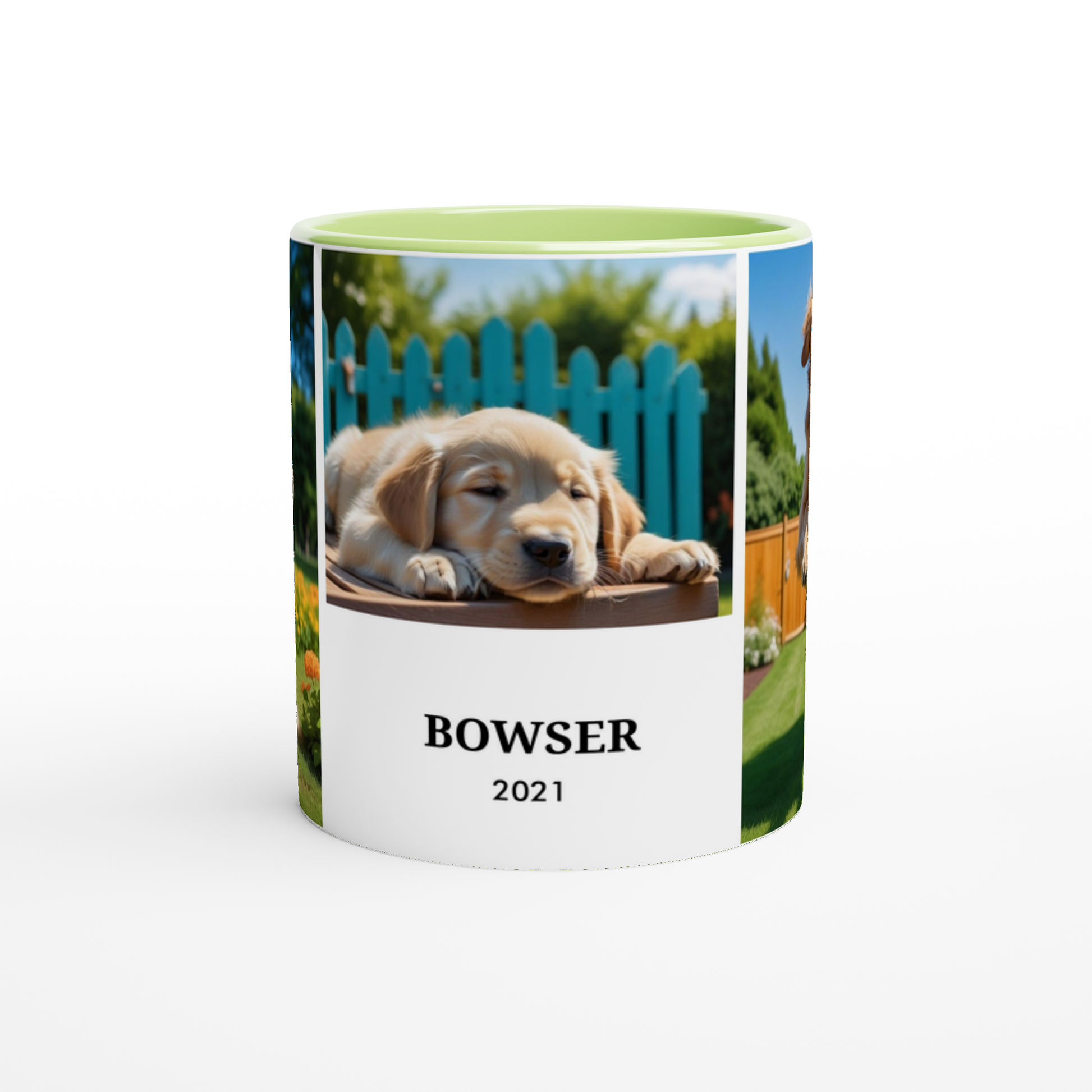 3 Photos Personalization  White 11oz Ceramic Mug with green Color Inside handle away from viewer