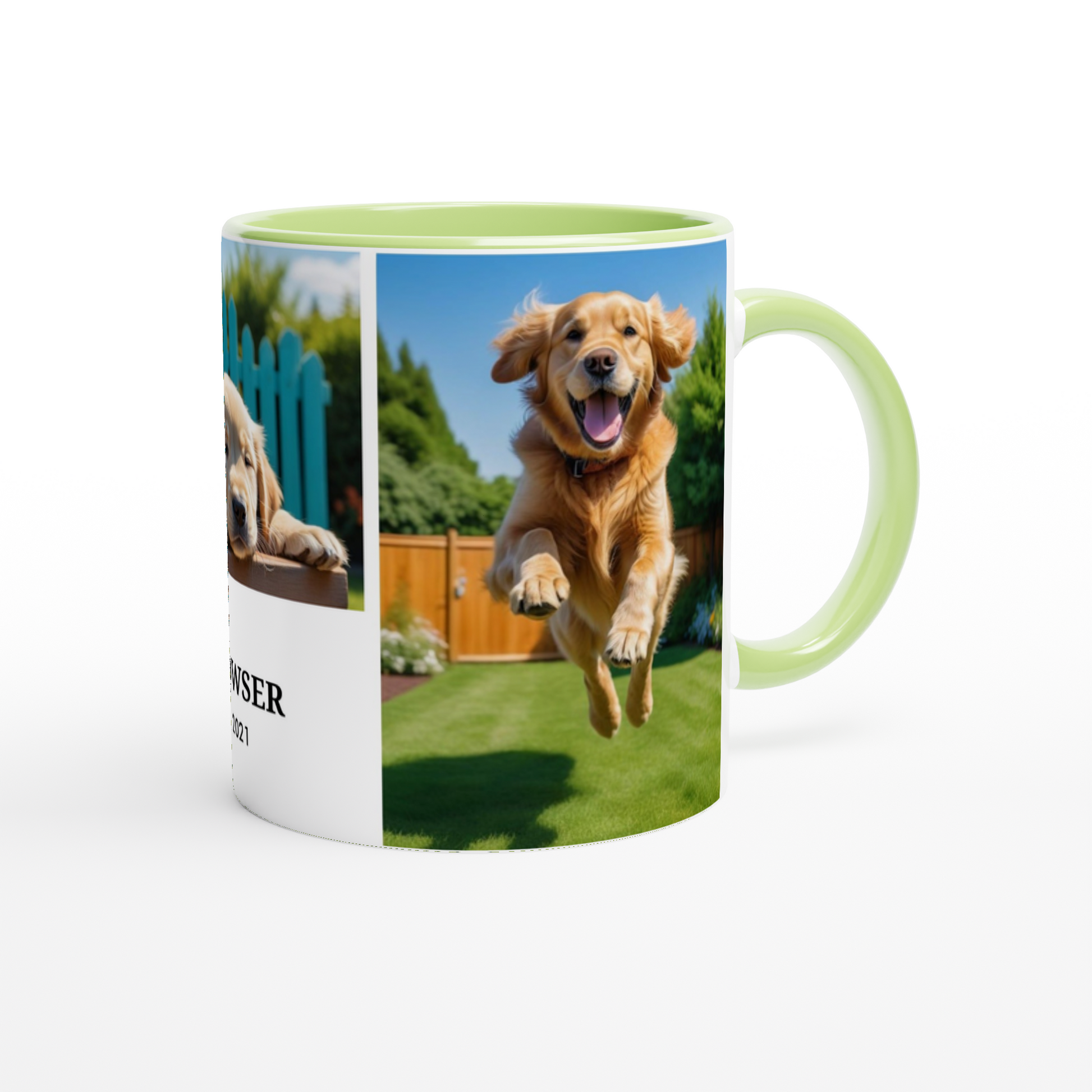 3 Photos Personalization  White 11oz Ceramic Mug with green Color Inside handle on right side