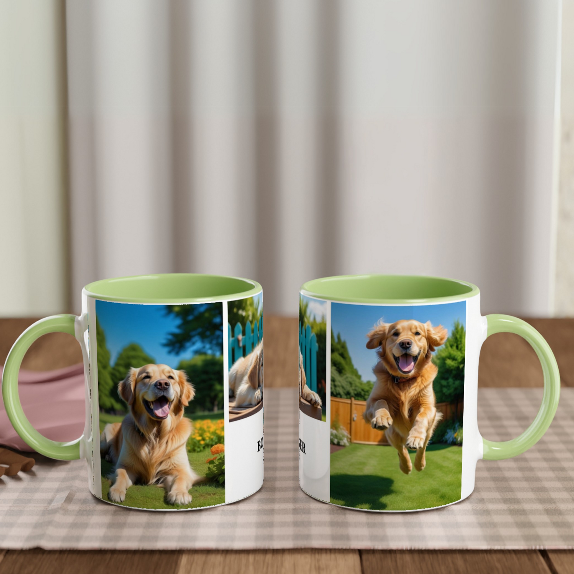 3 Photos Personalization  White 11oz Ceramic Mug with green Color context Inside